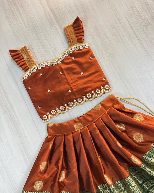 Chestnut Brown With Broad Forest Green Border Aari Work Lehenga Set