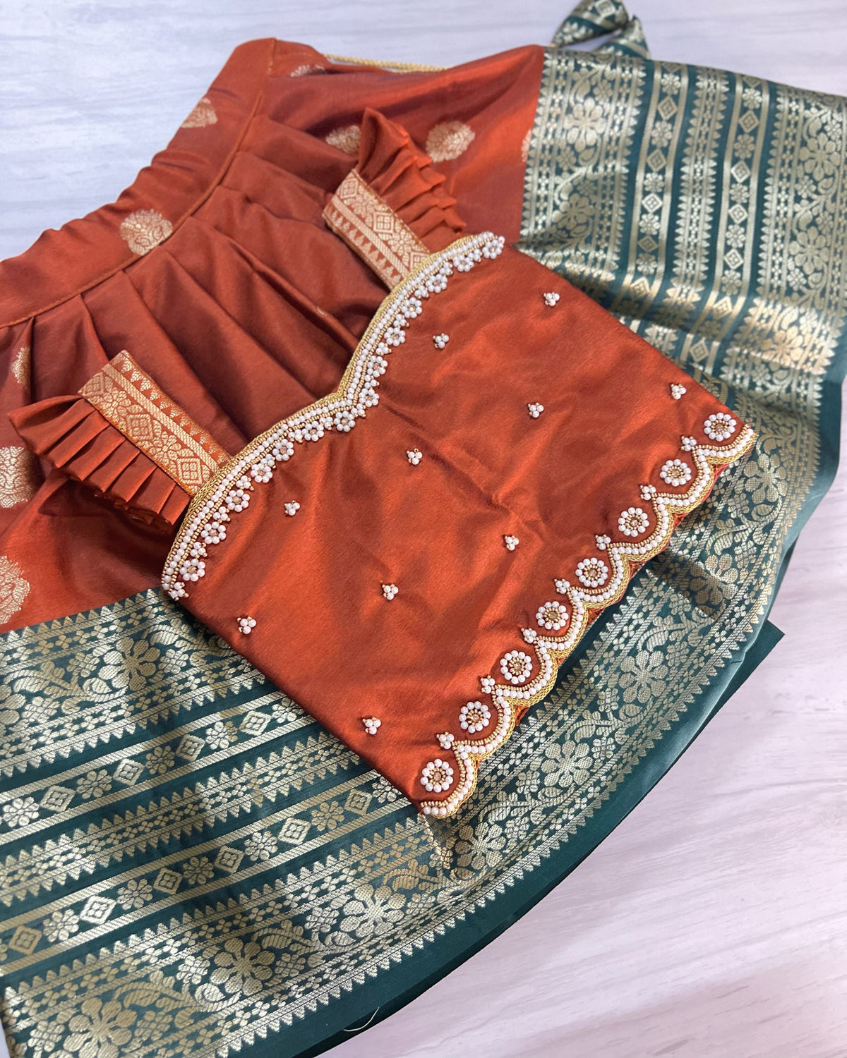 Chestnut Brown With Broad Forest Green Border Aari Work Lehenga Set