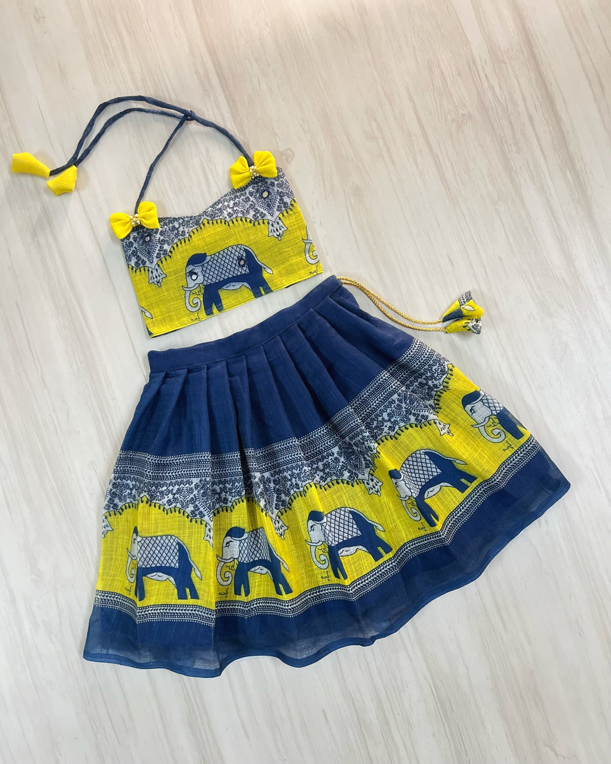 Denim Blue With Yellow Hues Elephant Printed Cute Lehenga Set