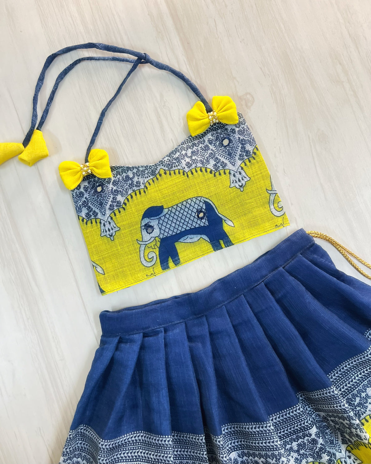 Denim Blue With Yellow Hues Elephant Printed Cute Lehenga Set