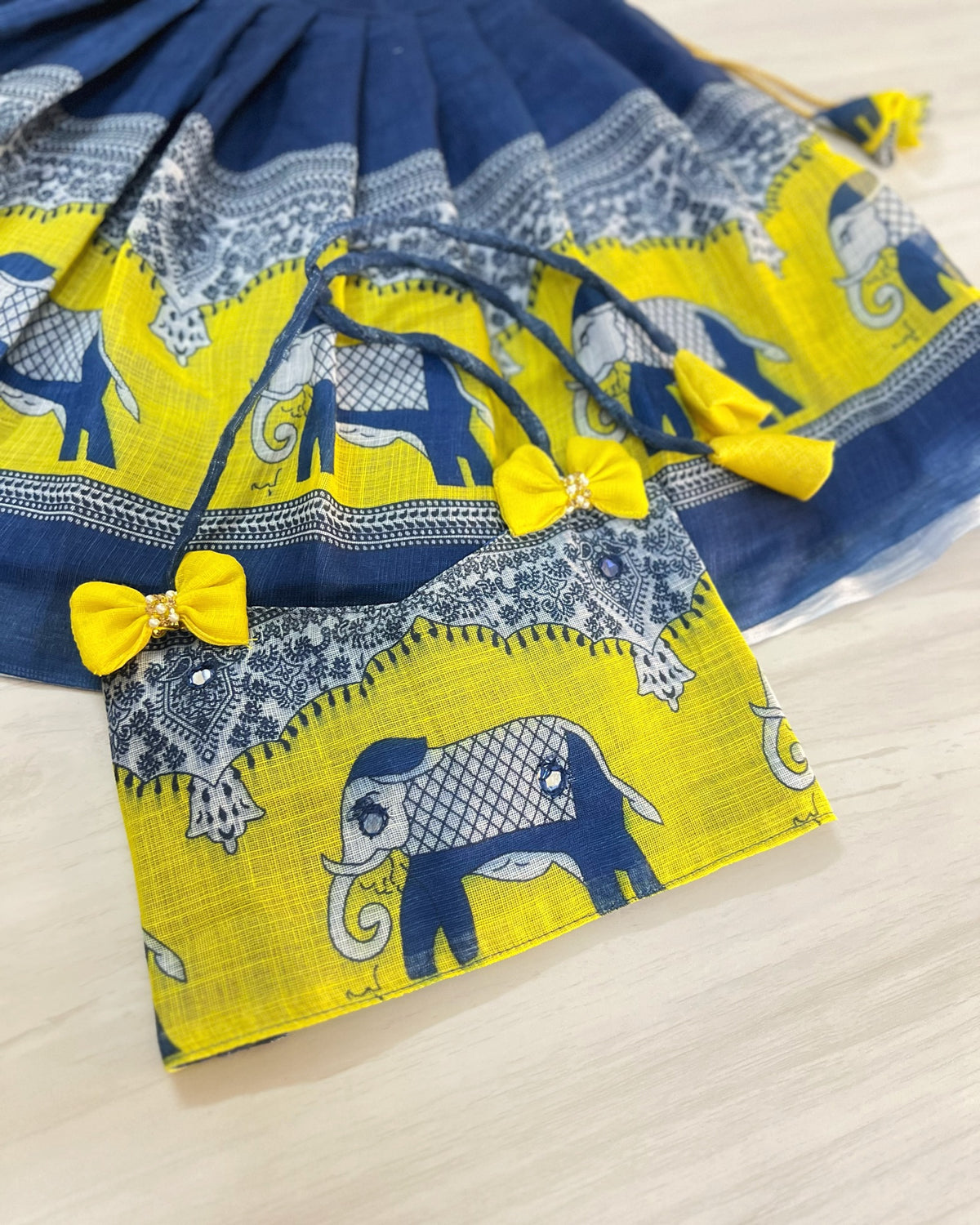 Denim Blue With Yellow Hues Elephant Printed Cute Lehenga Set