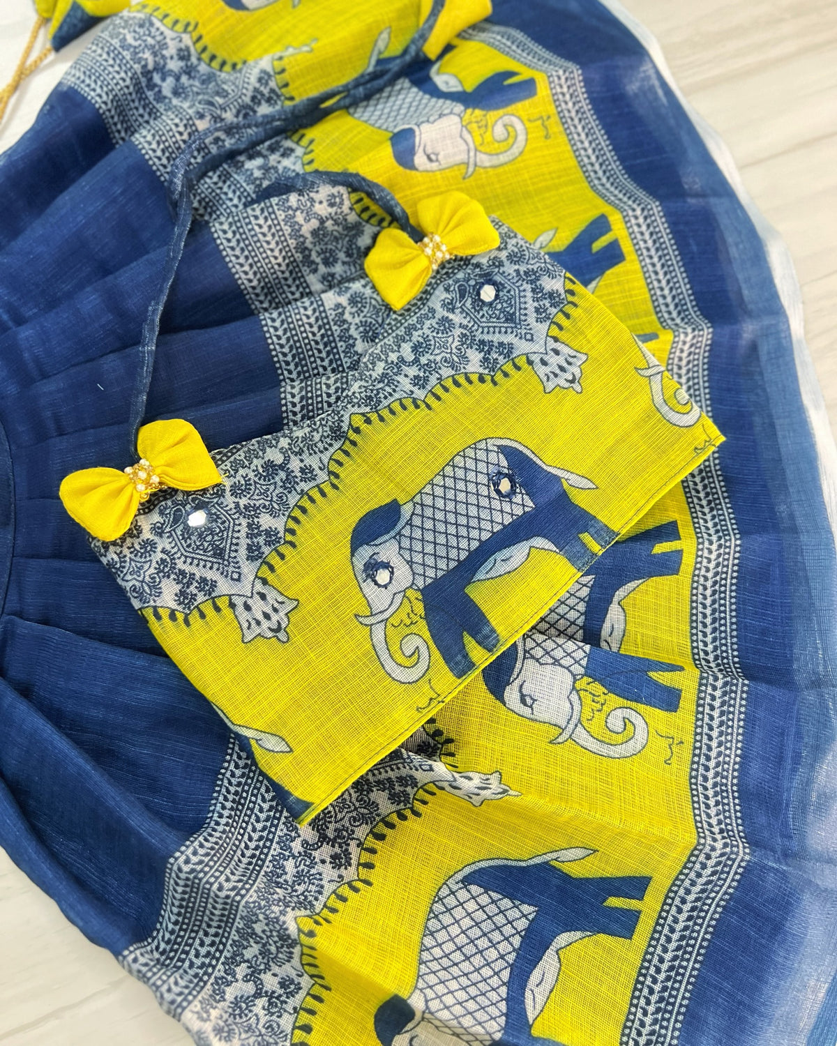 Denim Blue With Yellow Hues Elephant Printed Cute Lehenga Set