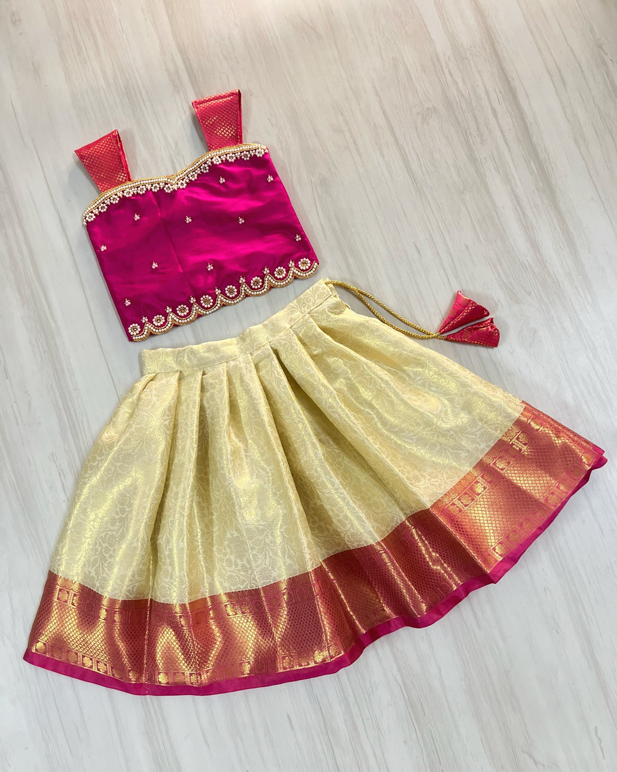 Dark Magenta With Butter Cream Aari Embroidered Lehenga Set