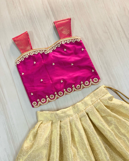 Dark Magenta With Butter Cream Aari Embroidered Lehenga Set