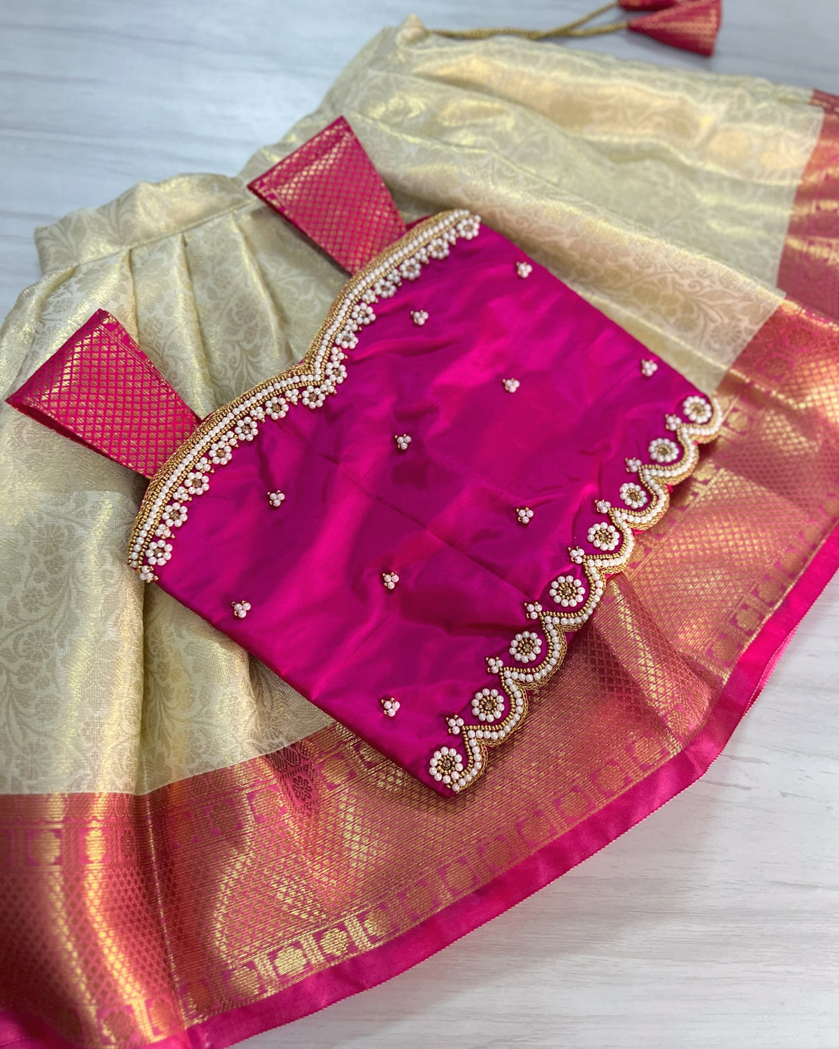 Dark Magenta With Butter Cream Aari Embroidered Lehenga Set