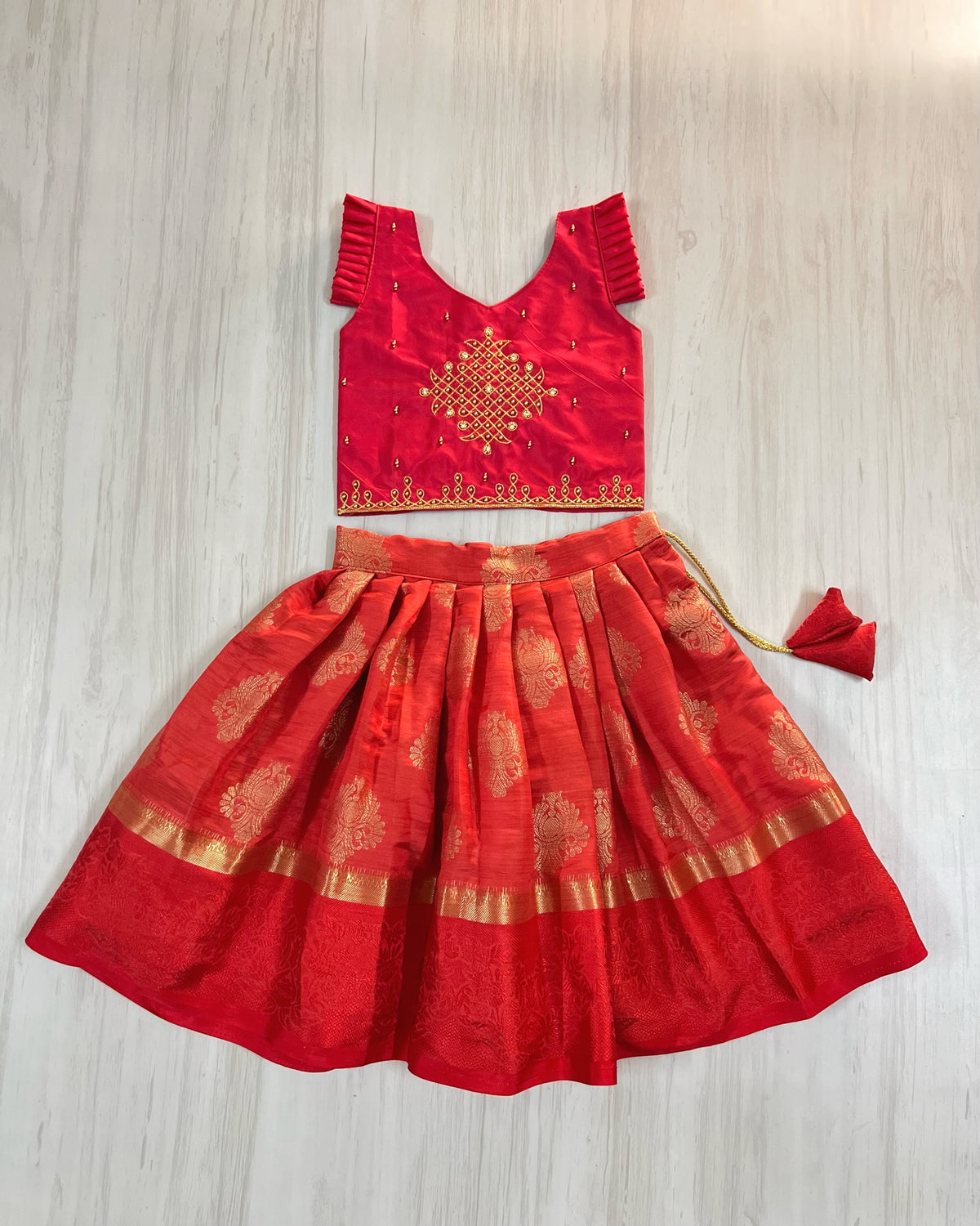 Kumkum Red Temple Kolam Aari Work Traditional Lehenga Set
