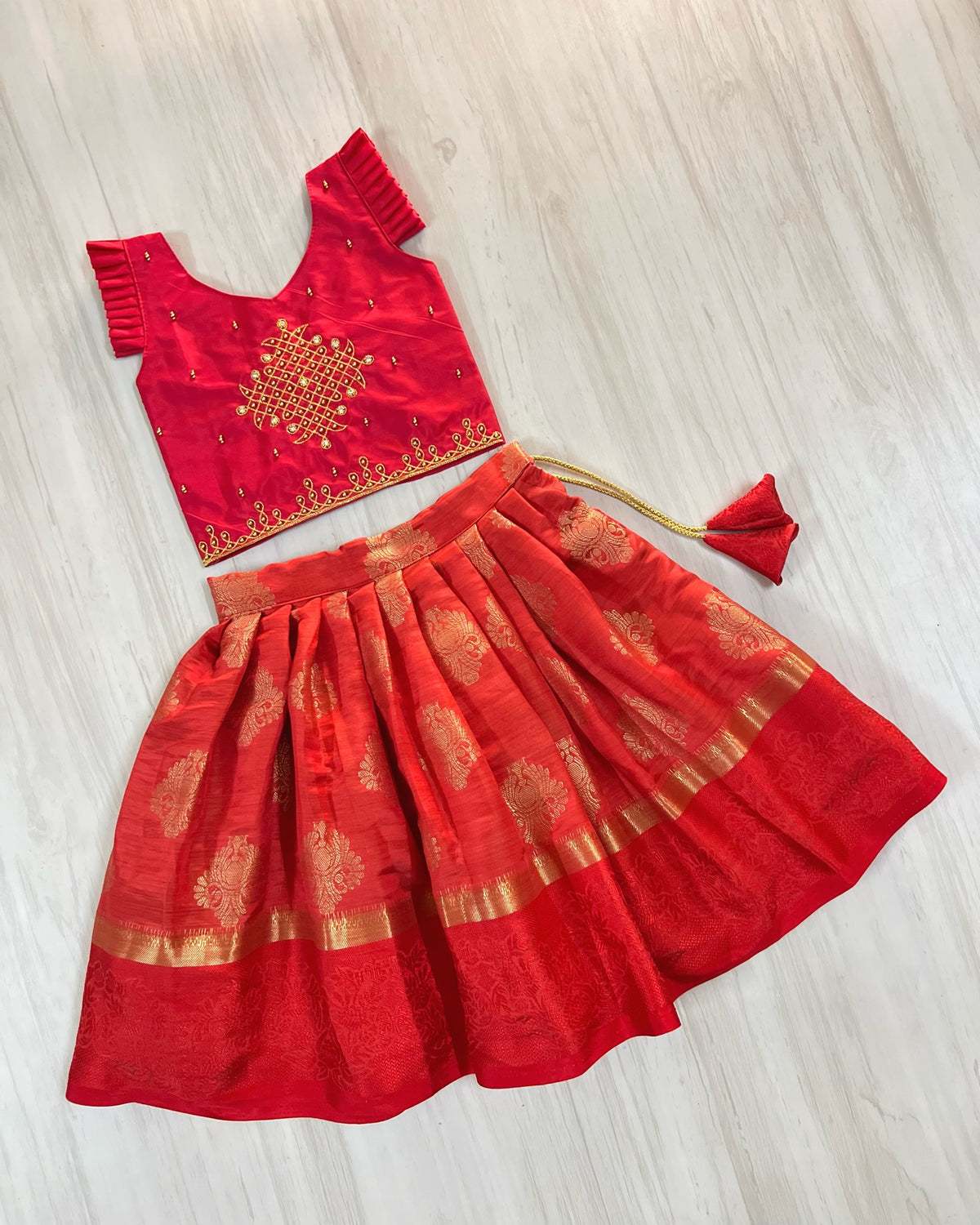Kumkum Red Temple Kolam Aari Work Traditional Lehenga Set