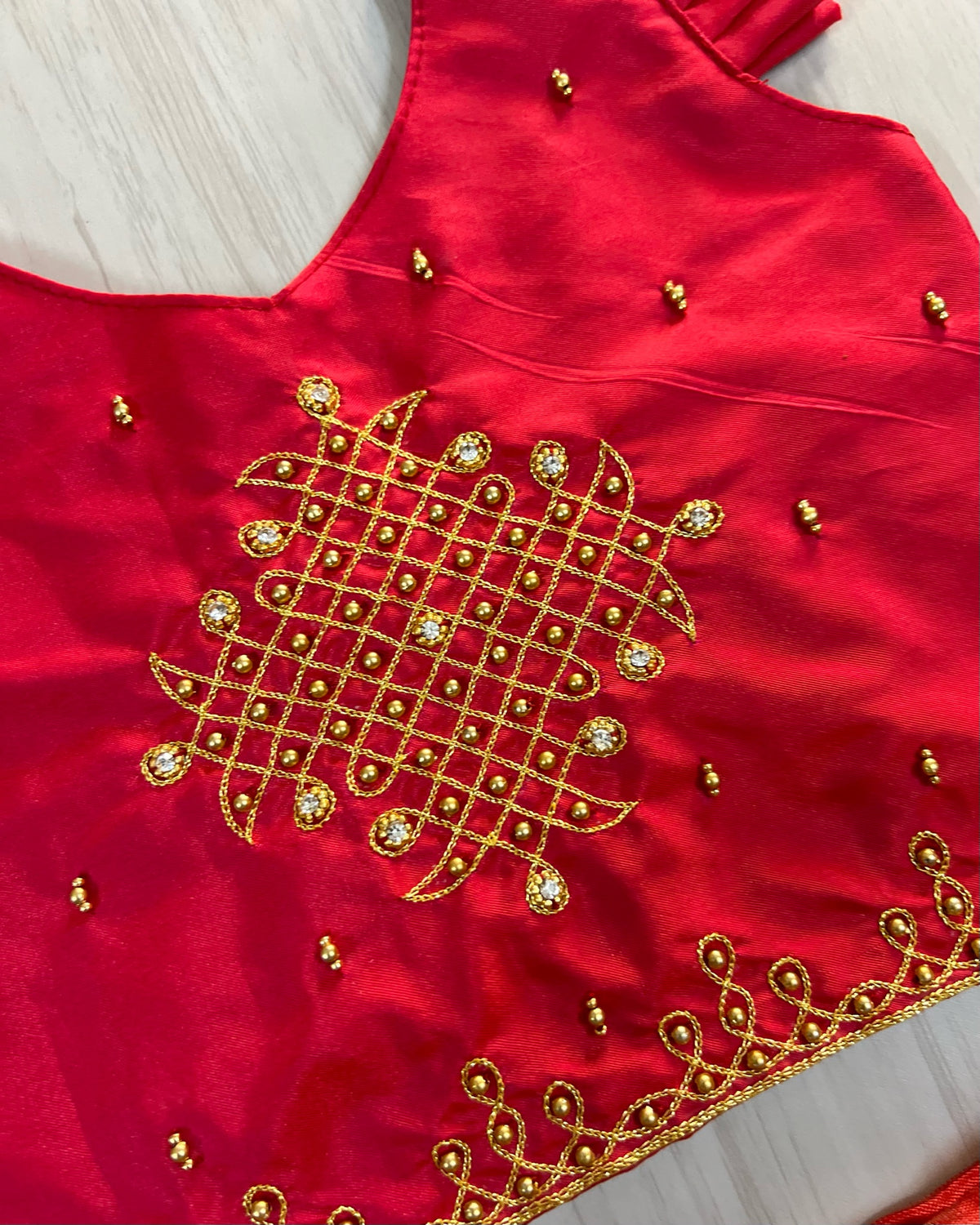 Kumkum Red Temple Kolam Aari Work Traditional Lehenga Set