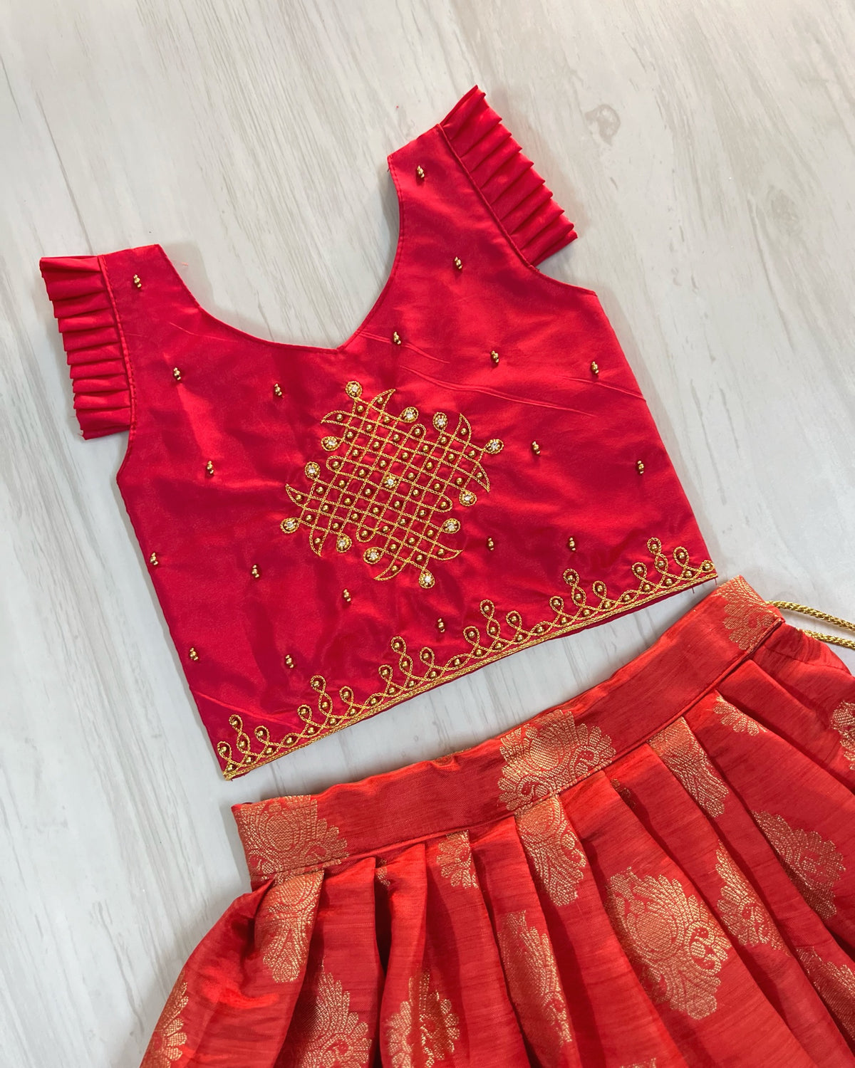 Kumkum Red Temple Kolam Aari Work Traditional Lehenga Set