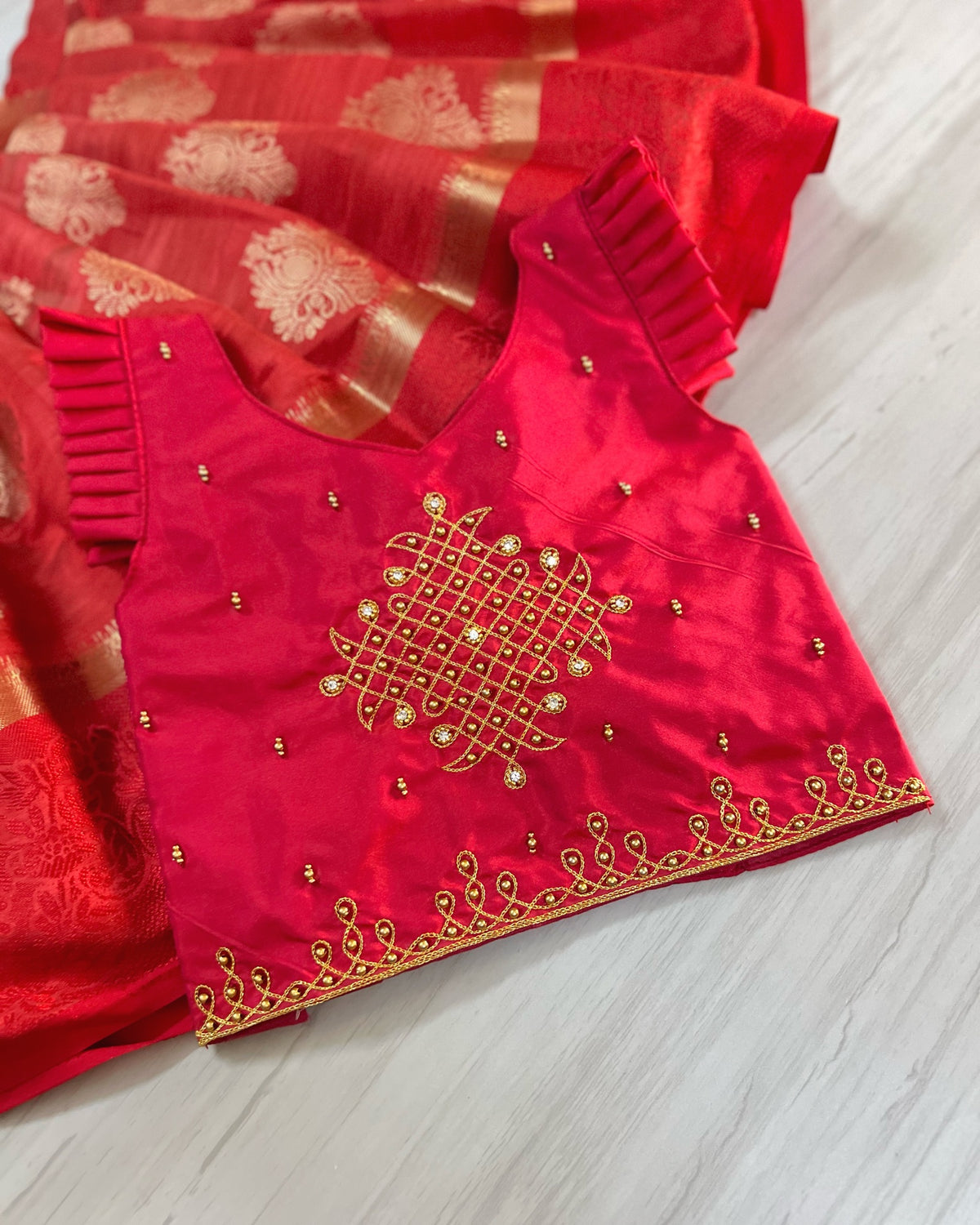 Kumkum Red Temple Kolam Aari Work Traditional Lehenga Set