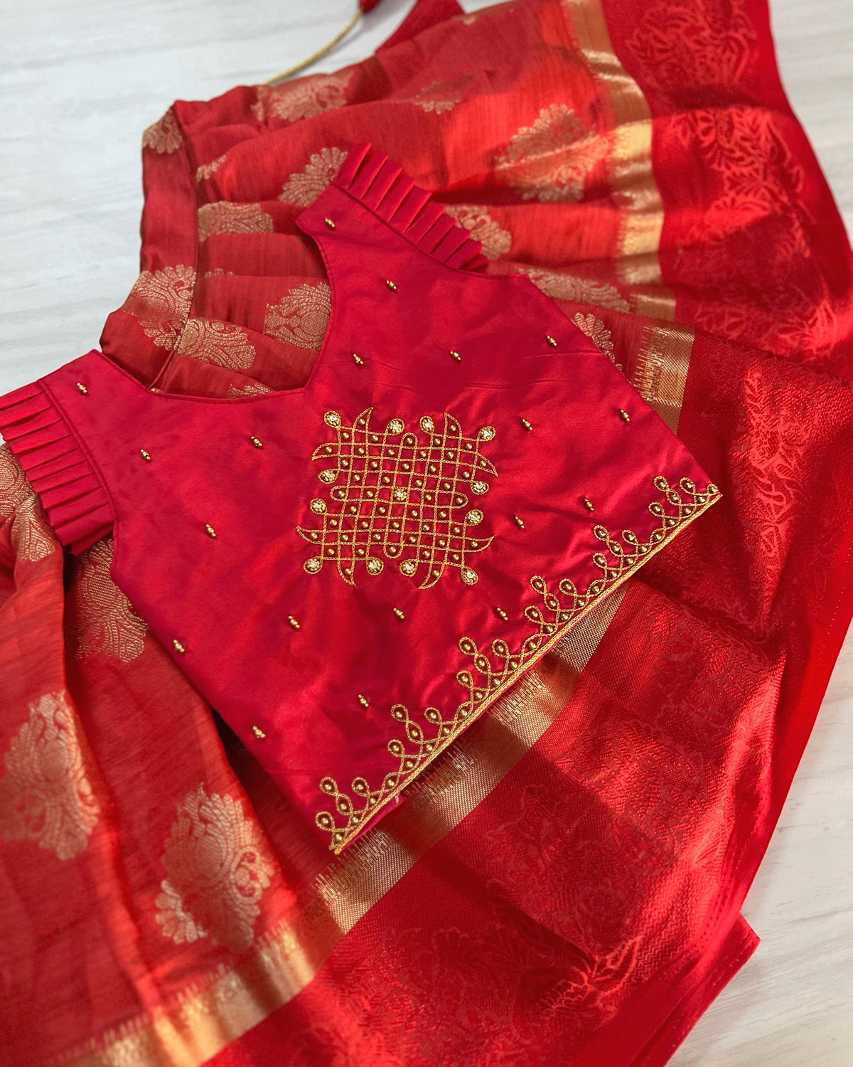Kumkum Red Temple Kolam Aari Work Traditional Lehenga Set