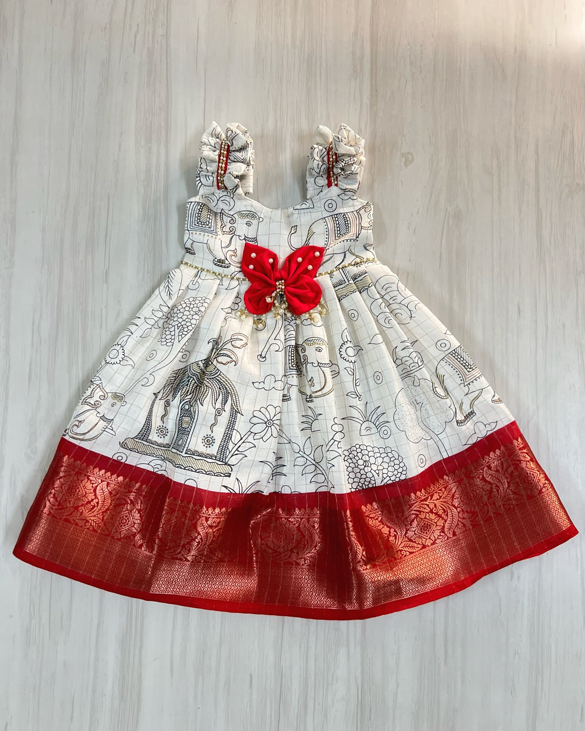 Printed White With Cute Red Butterfly Gown Set