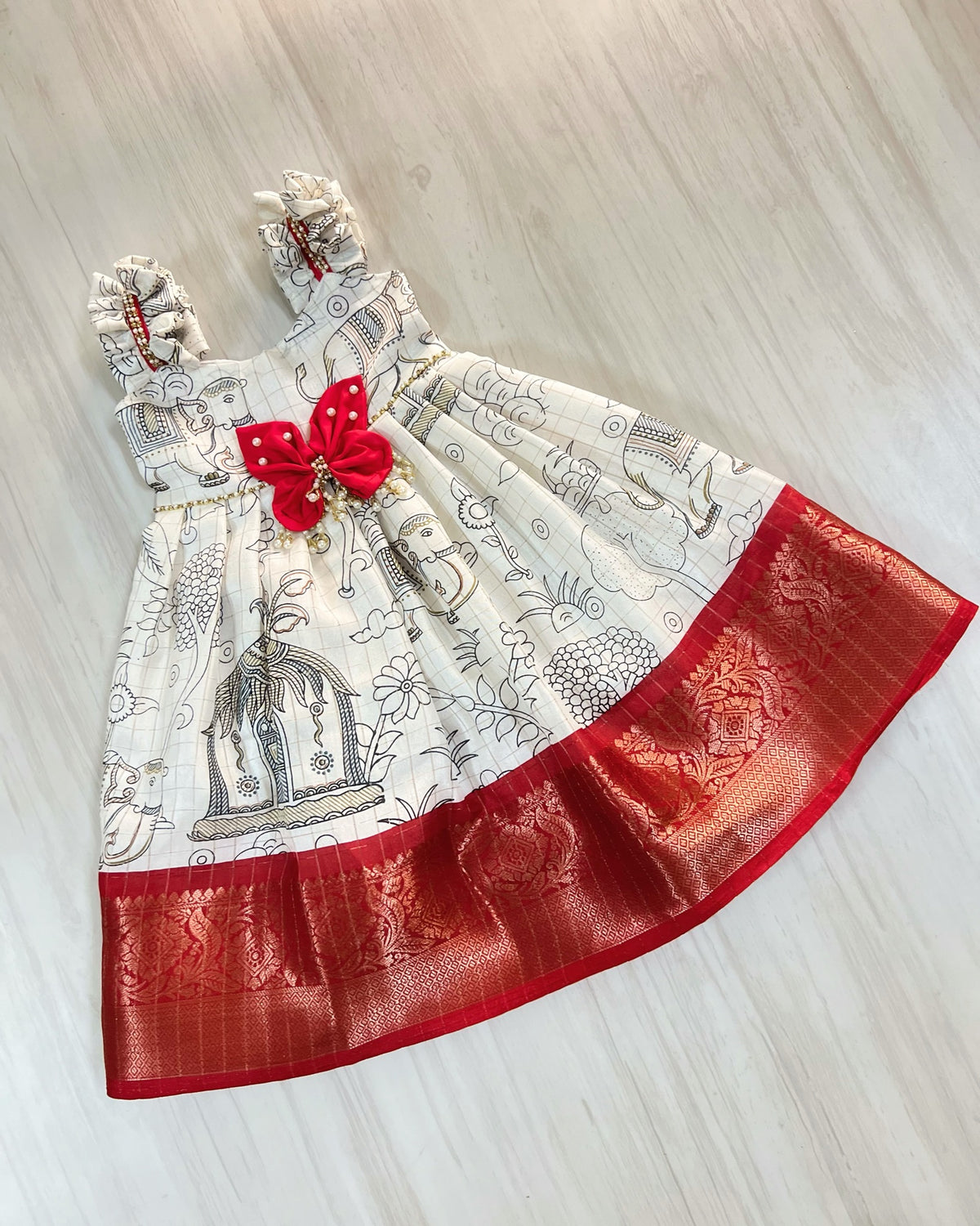 Printed White With Cute Red Butterfly Gown Set