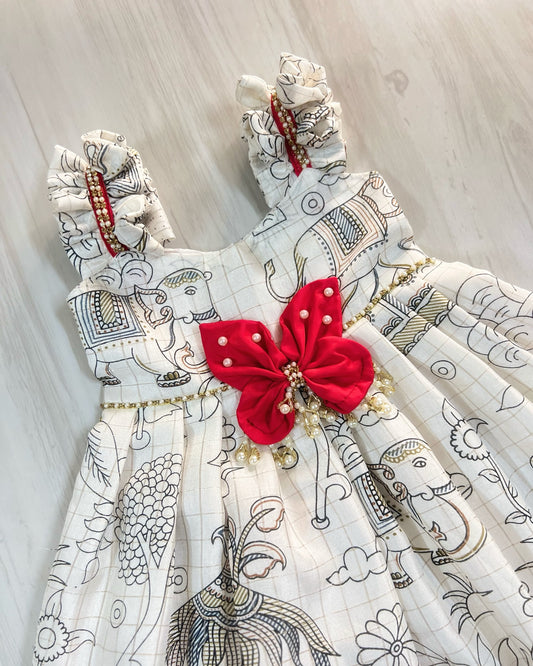 Printed White With Cute Red Butterfly Gown Set