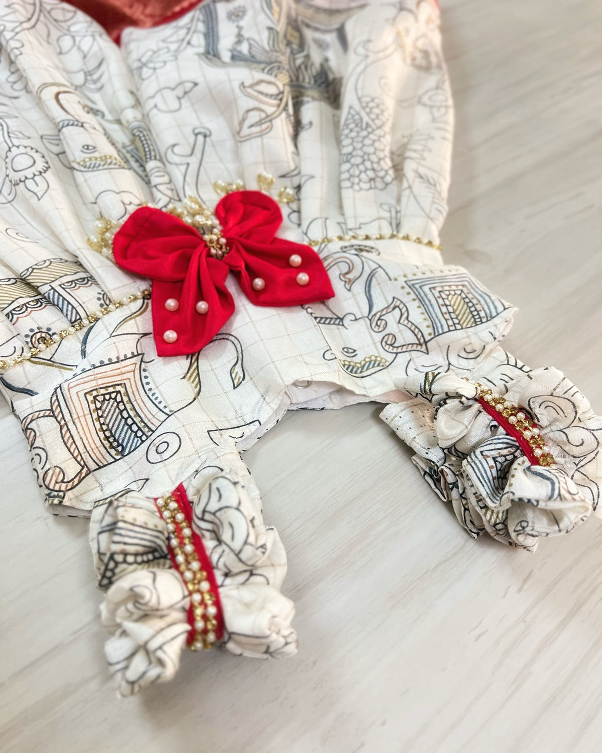 Printed White With Cute Red Butterfly Gown Set