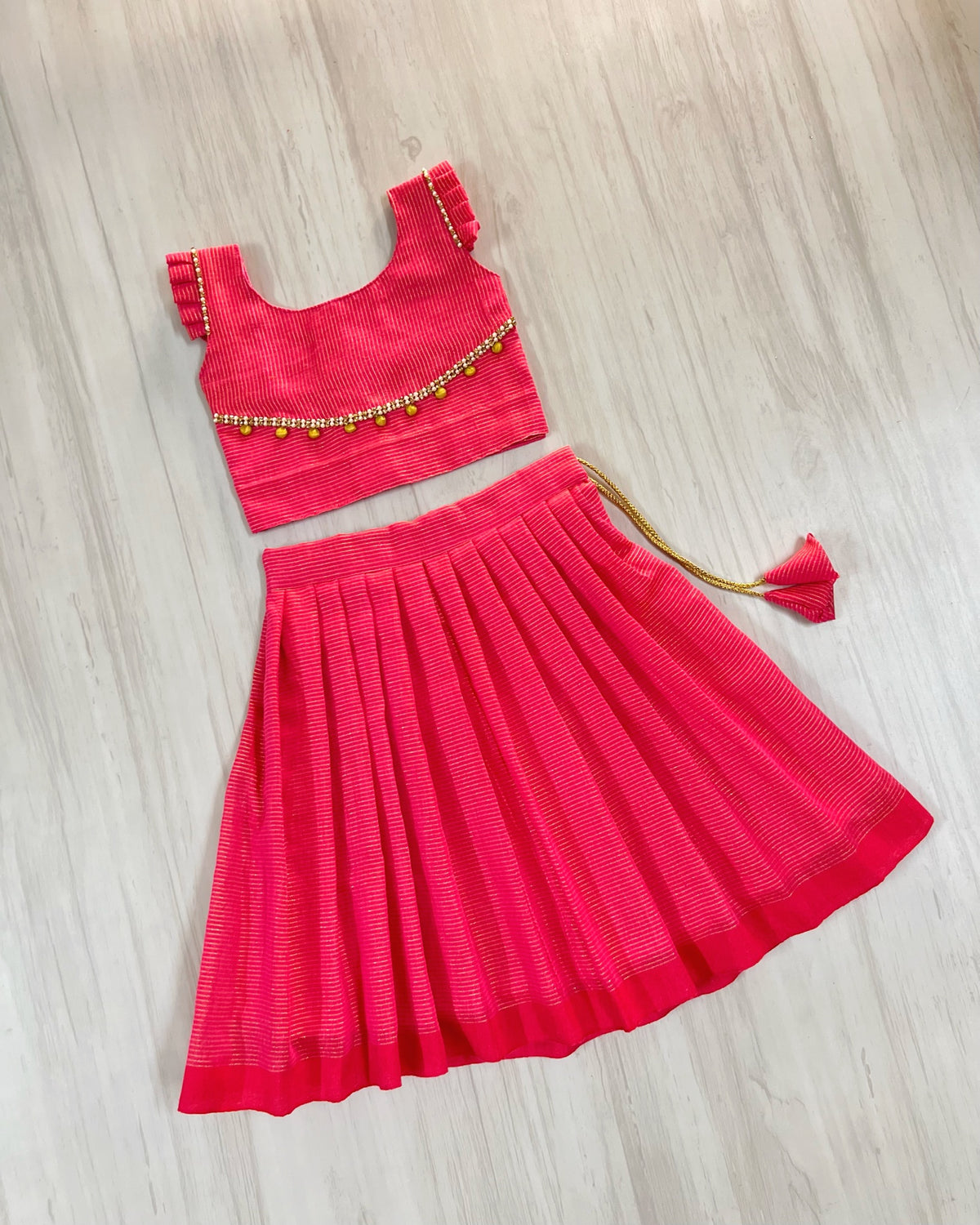 Pinkish Peach Gold Polki Buttons Striped Traditional Lehenga Set