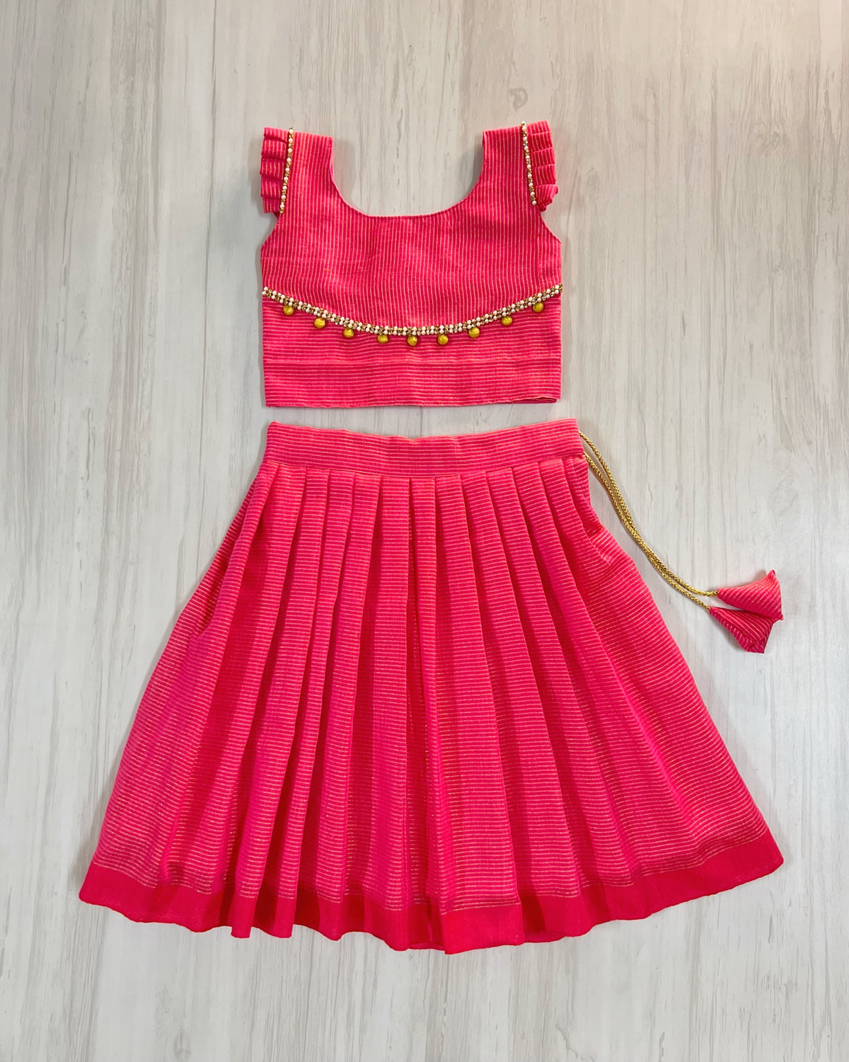 Pinkish Peach Gold Polki Buttons Striped Traditional Lehenga Set
