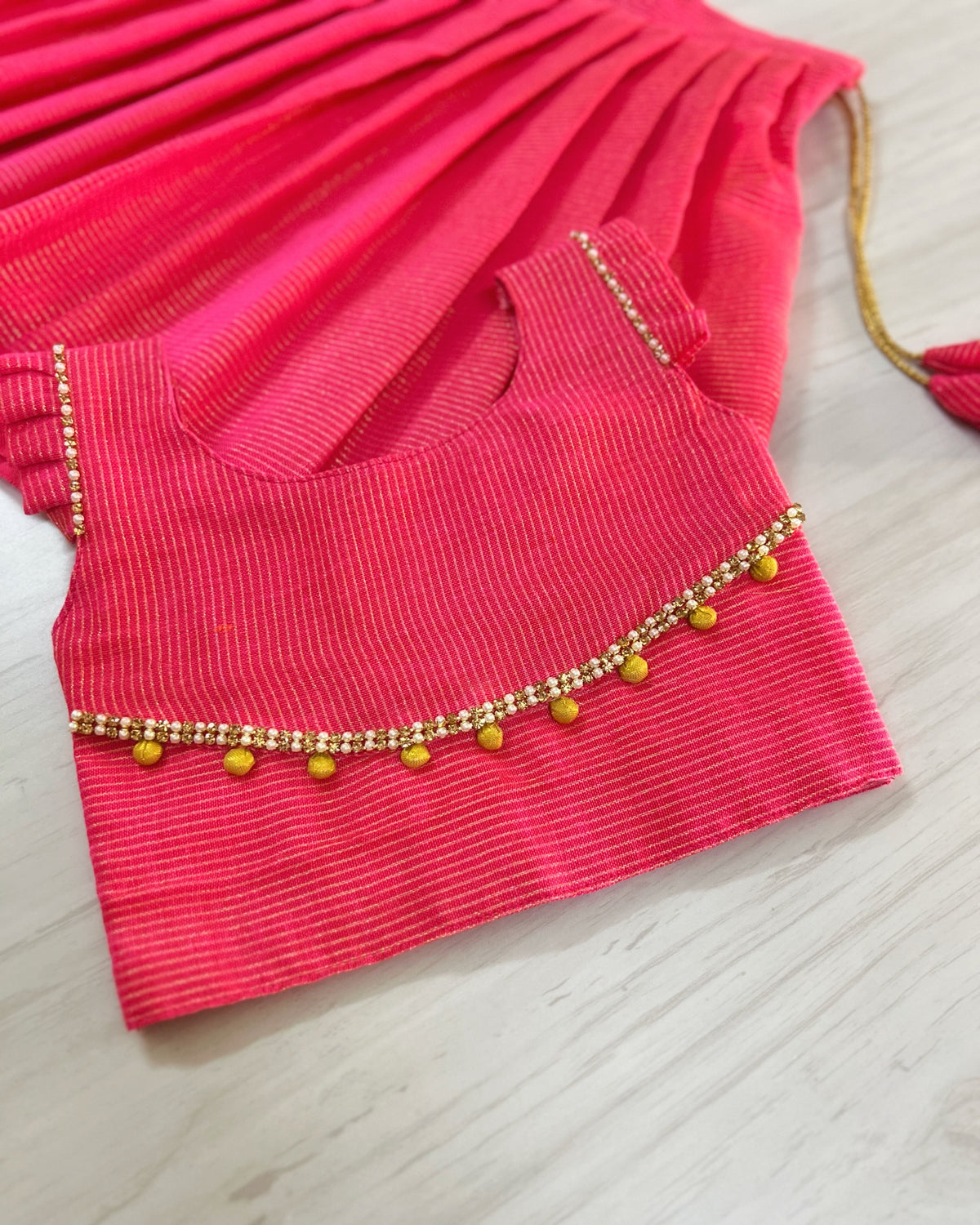 Pinkish Peach Gold Polki Buttons Striped Traditional Lehenga Set