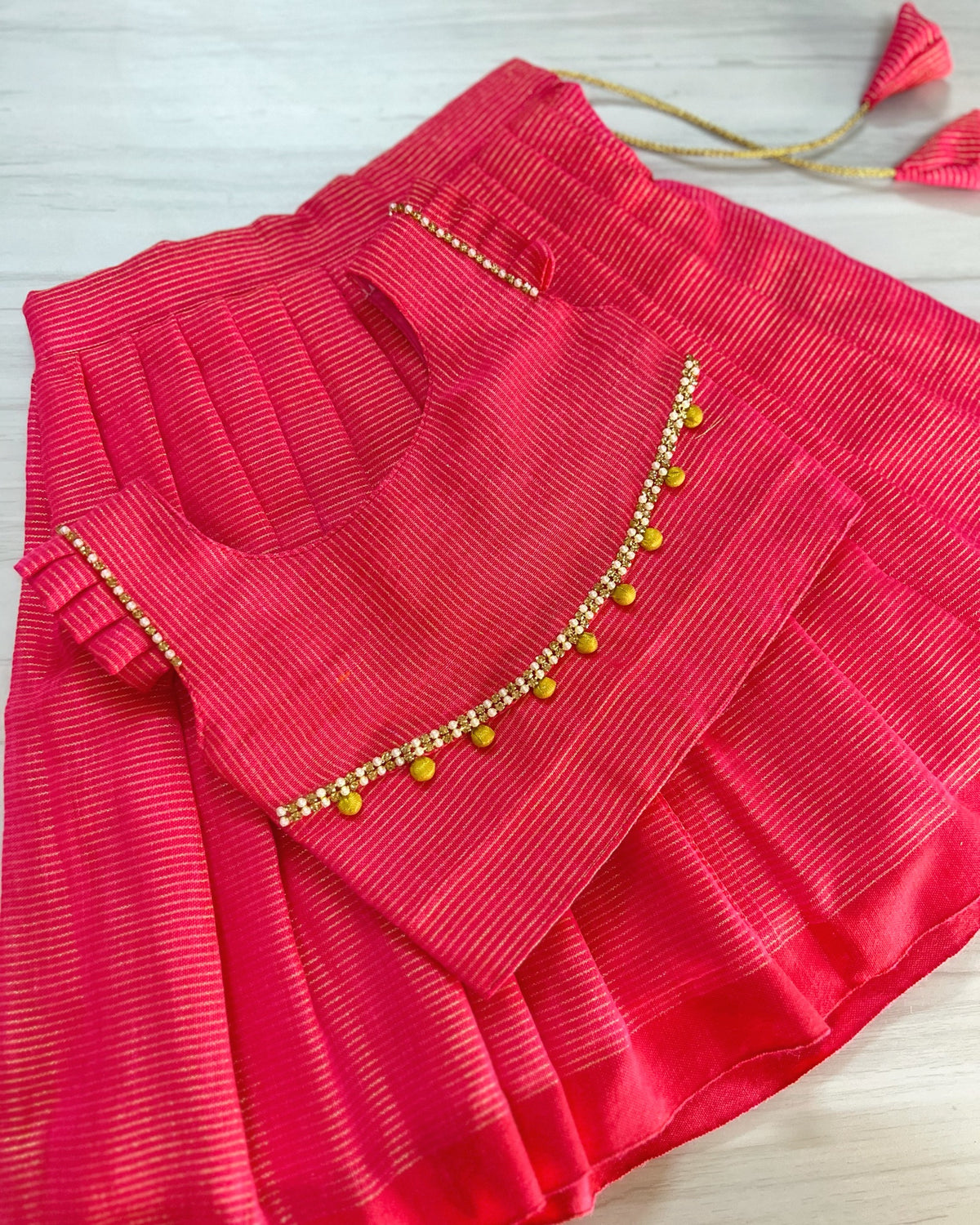 Pinkish Peach Gold Polki Buttons Striped Traditional Lehenga Set