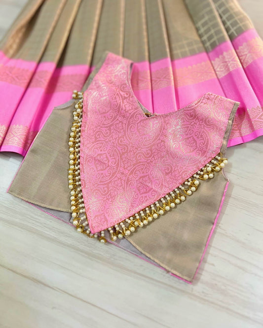 Cloud Grey And Taffy Pink Embellished Modern Back Traditional Lehenga Set | The Silkberry