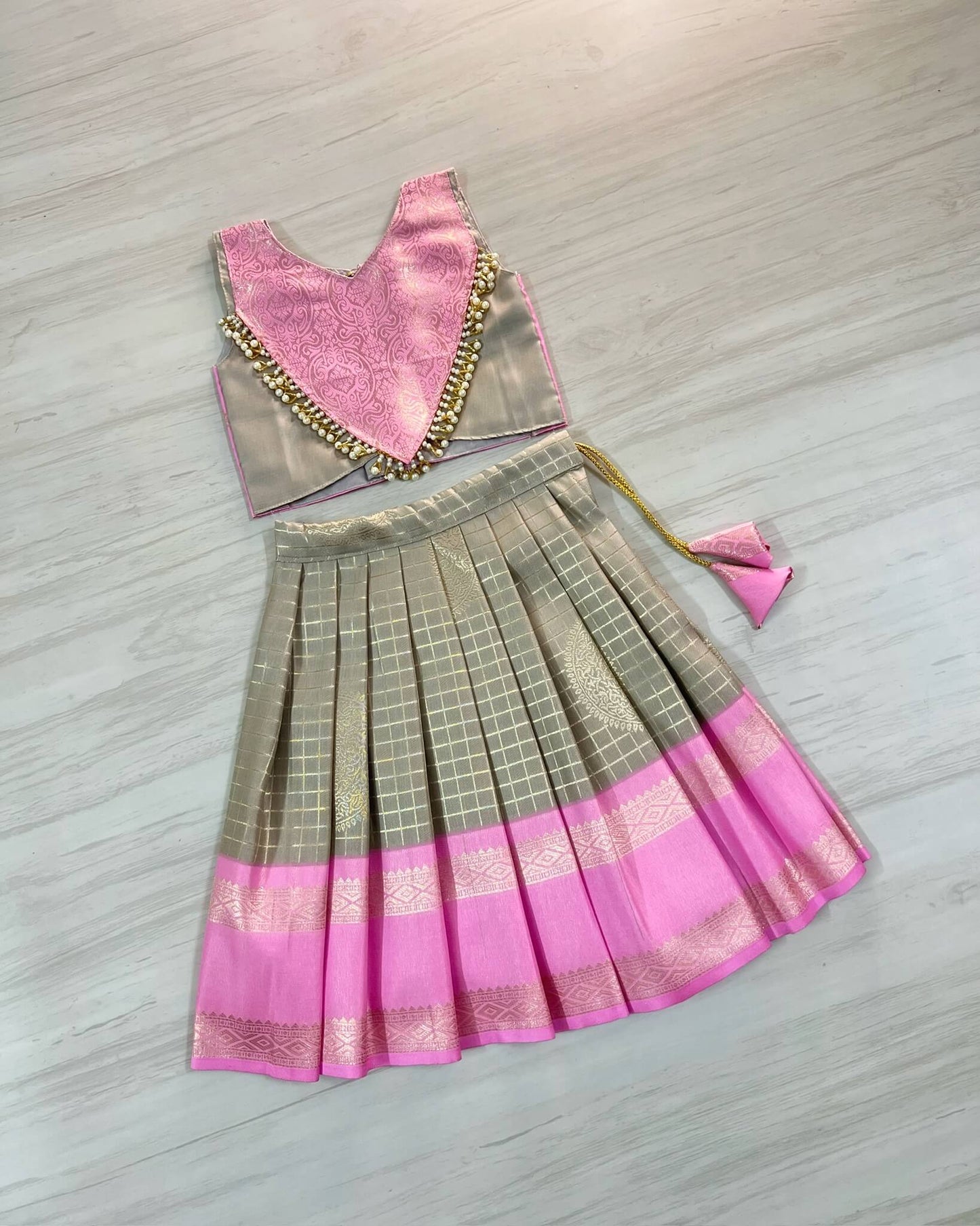 Cloud Grey And Taffy Pink Embellished Modern Back Traditional Lehenga Set | The Silkberry