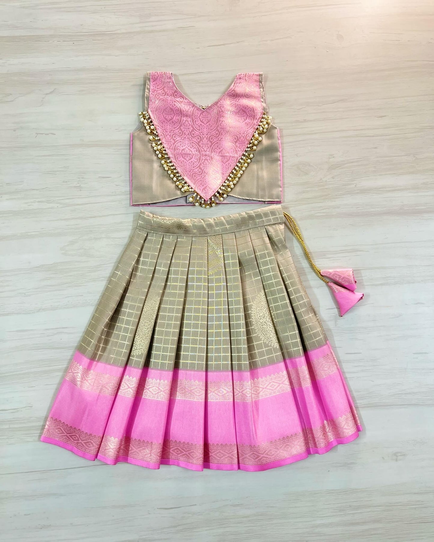 Cloud Grey And Taffy Pink Embellished Modern Back Traditional Lehenga Set | The Silkberry