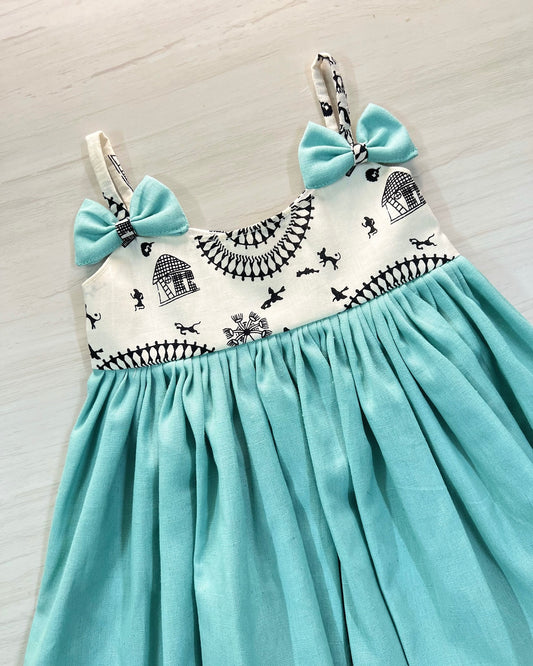 Dainty Blue And Soft White Double Bow Style Frock | The Silkberry