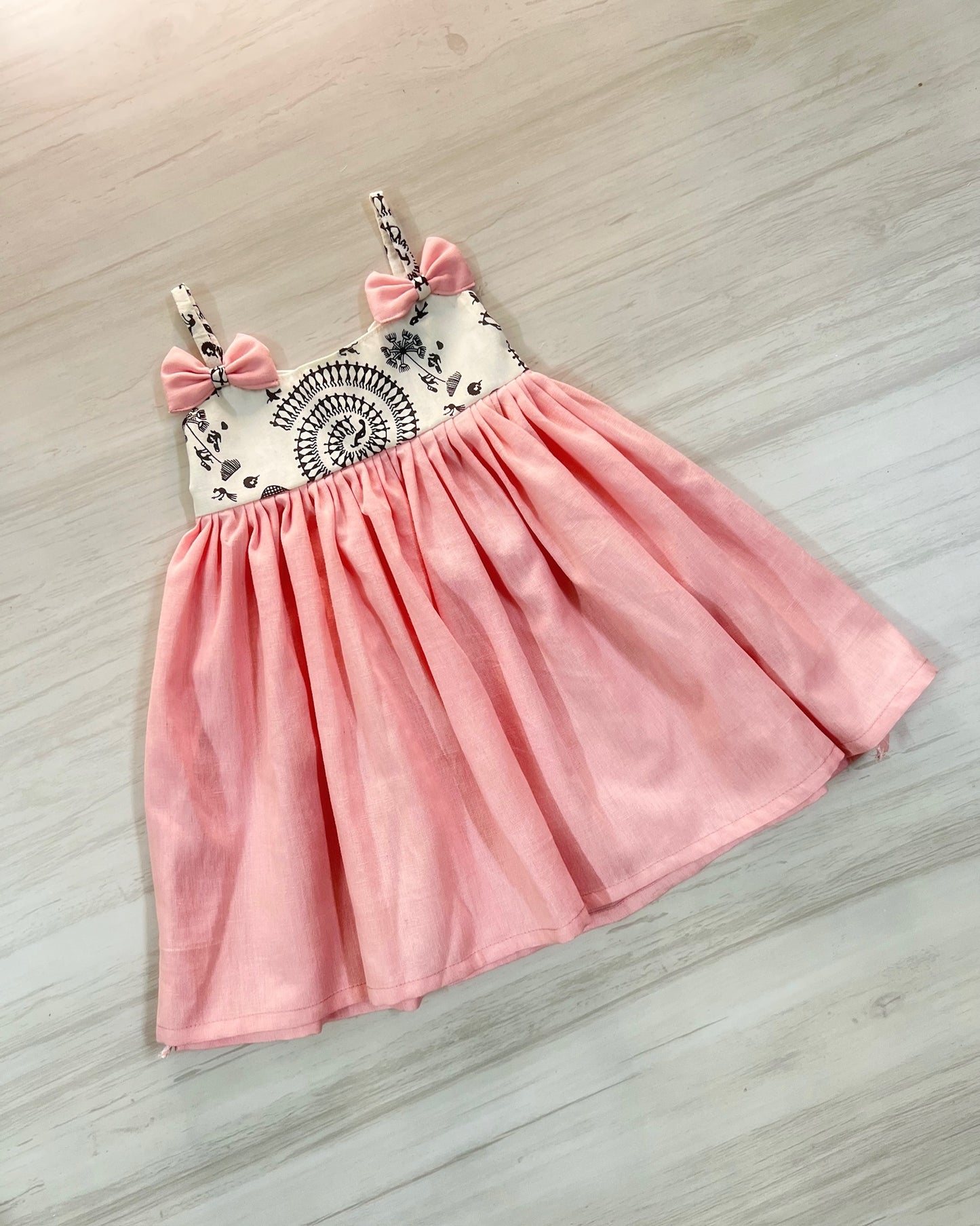 Dainty Pink And Soft White Double Bow Style Frock | The Silkberry