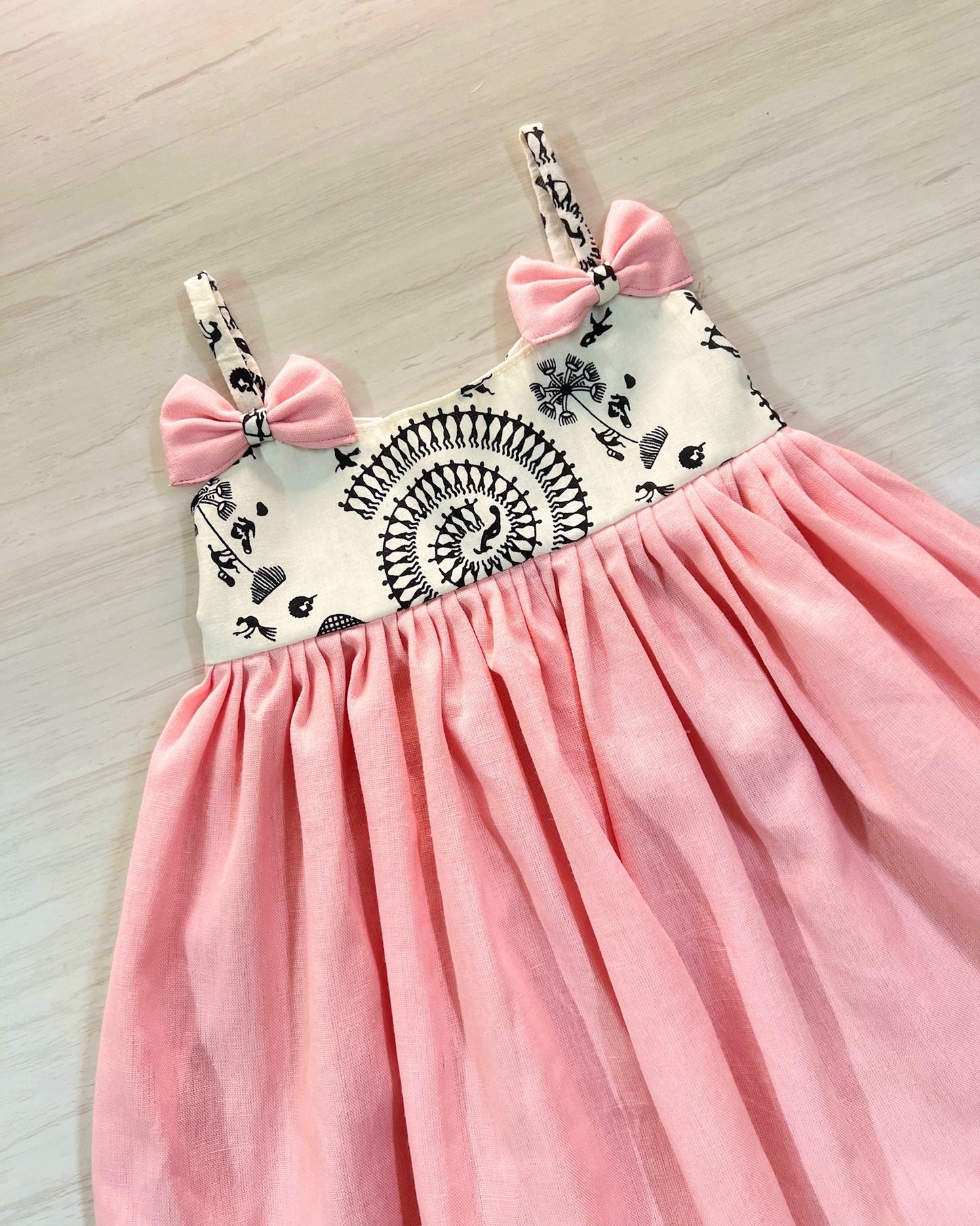 Dainty Pink And Soft White Double Bow Style Frock | The Silkberry