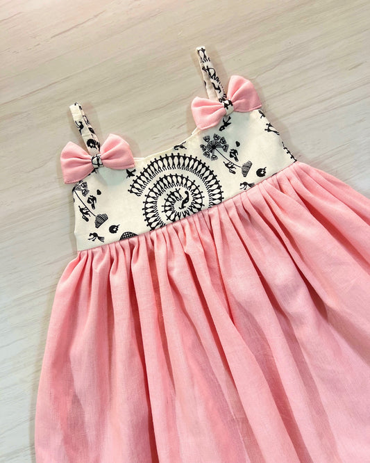 Dainty Pink And Soft White Double Bow Style Frock | The Silkberry