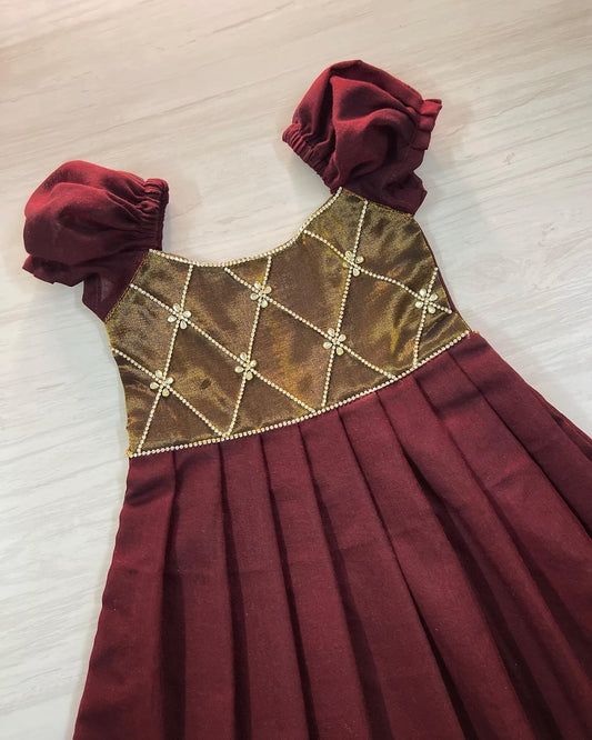 Deep Maroon and Shining Gold Criss Cross Silk Gown | The Silkberry