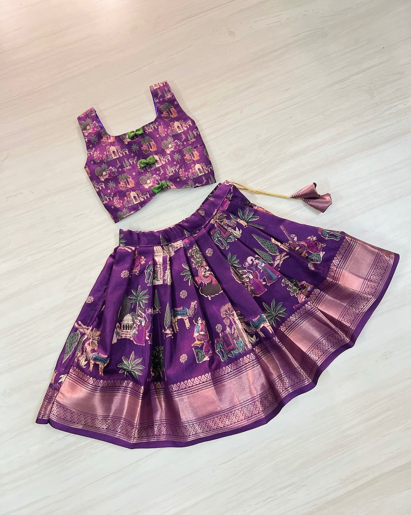 Deep Grape Cute Bow Tie Up Top With Pichwai Print Skirt | The Silkberry