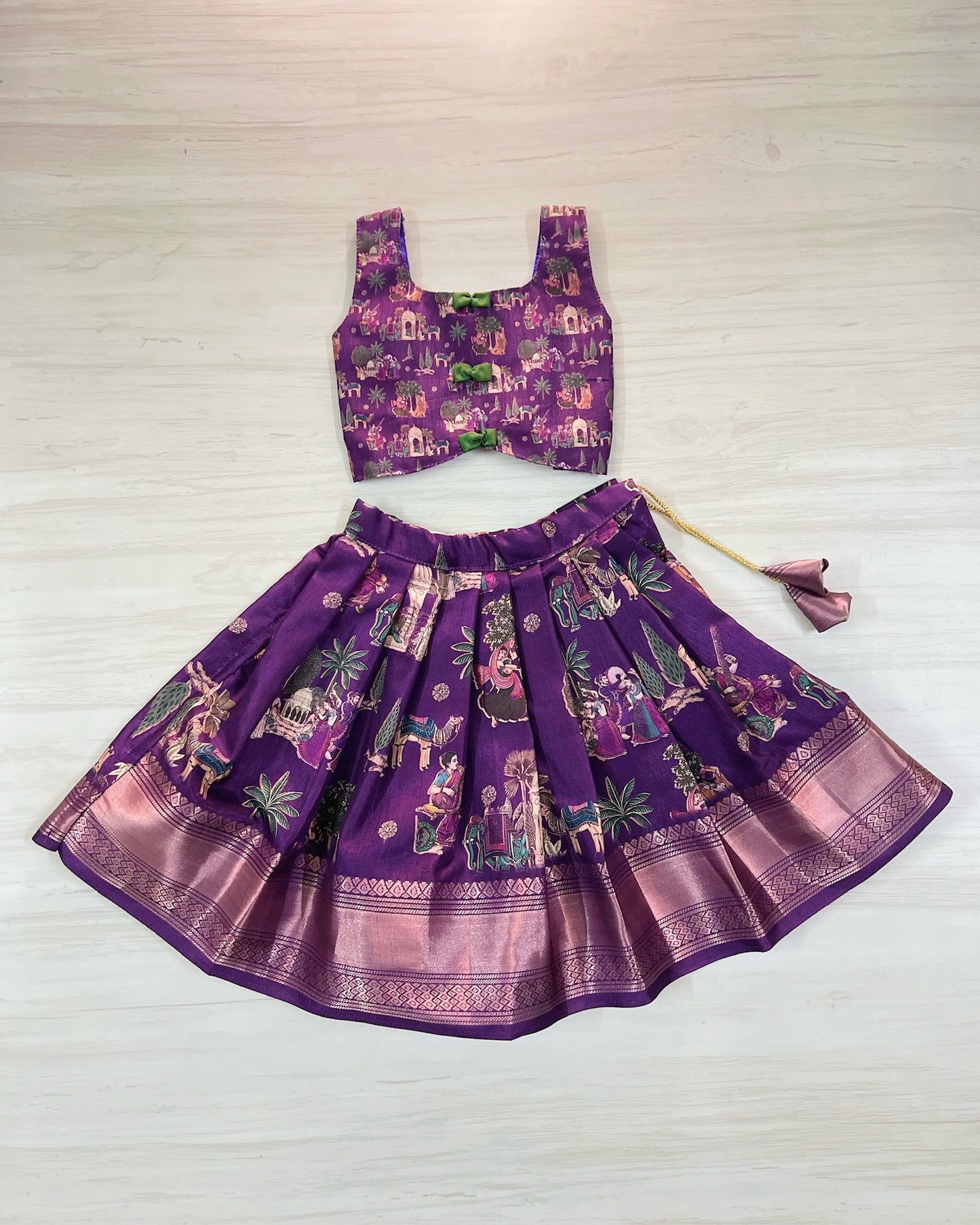 Deep Grape Cute Bow Tie Up Top With Pichwai Print Skirt | The Silkberry