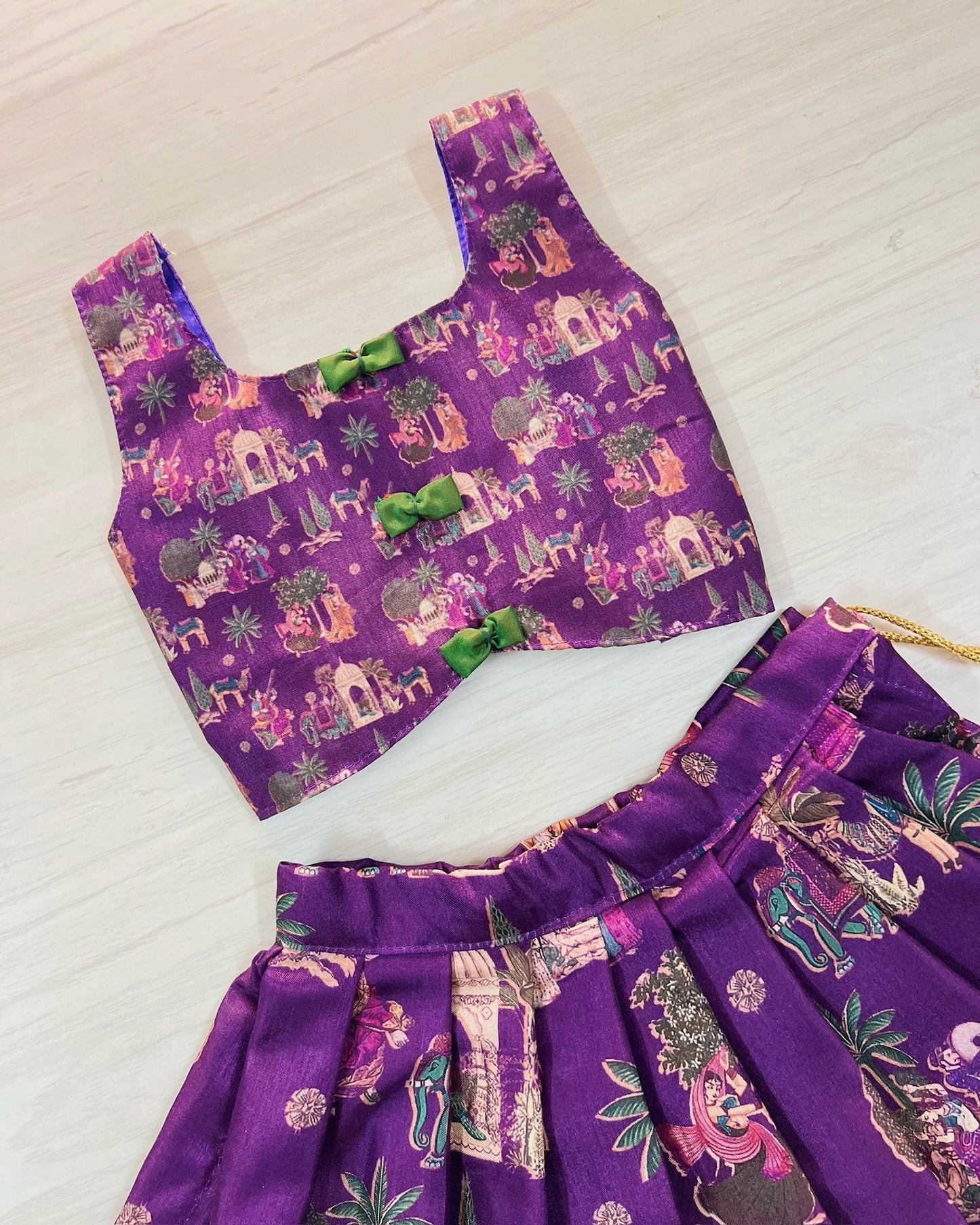 Deep Grape Cute Bow Tie Up Top With Pichwai Print Skirt | The Silkberry