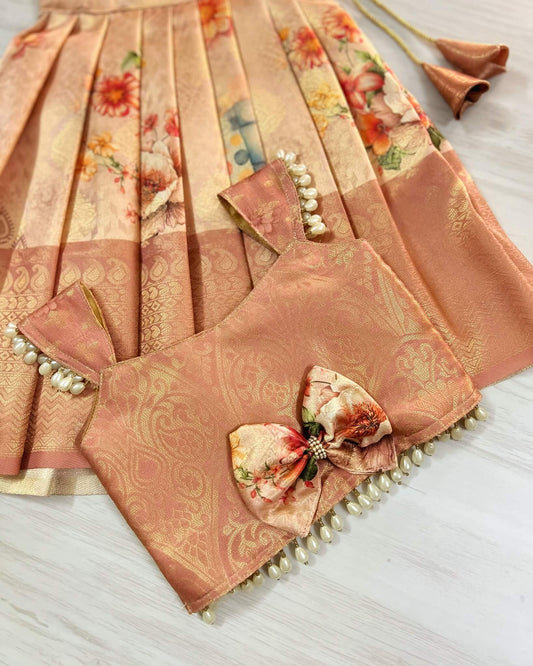 Dusky Peach Floral Pearl Embellished Lehenga Set | The Silkberry