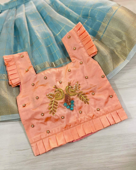 Blush Pink Peacock Embroidered Aari Work Cute Top With Skyblue Lehenga Set | The Silkberry