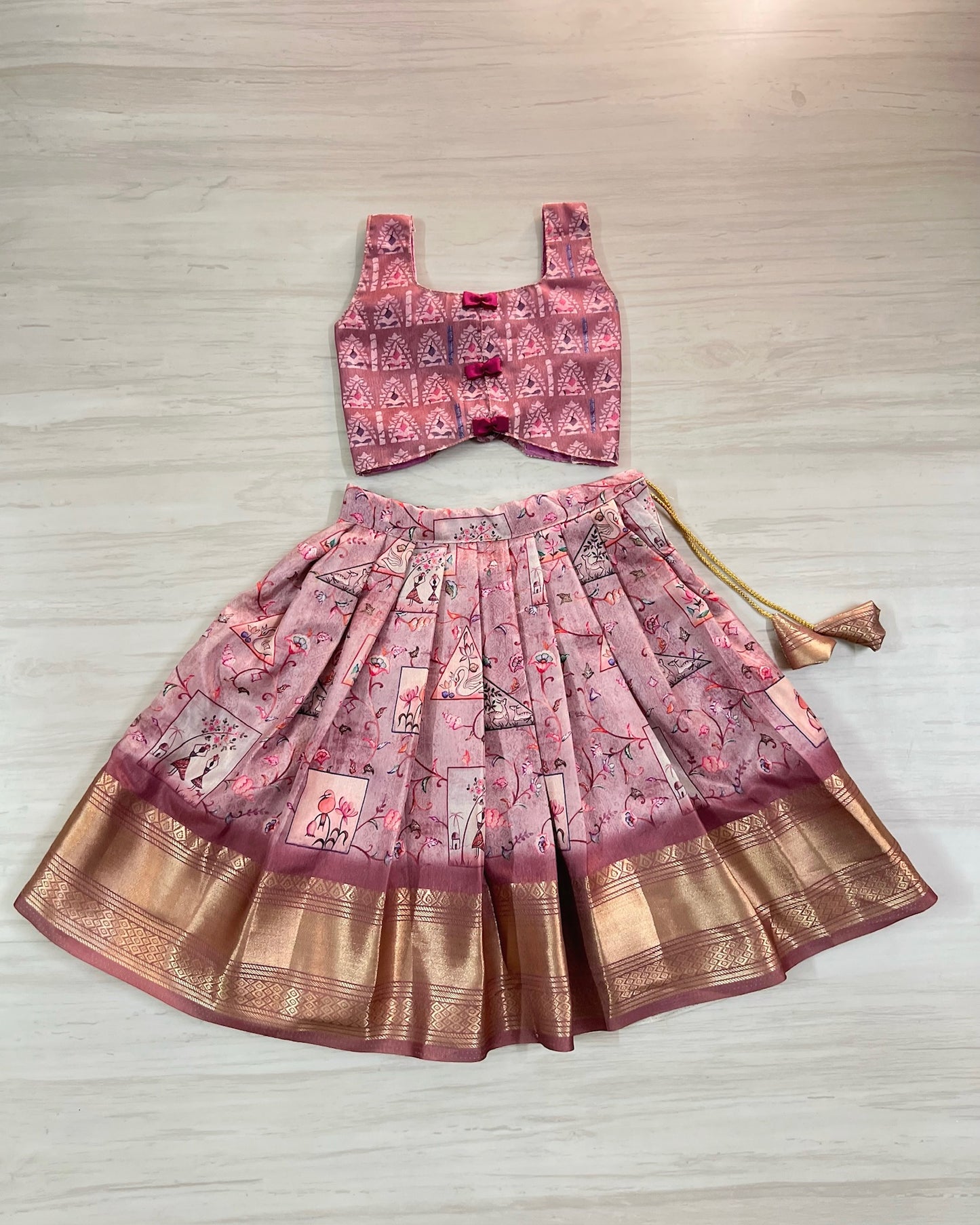 Wild Orchid Cute Bow Tie Up Top With Pichwai Print Skirt | The Silkberry