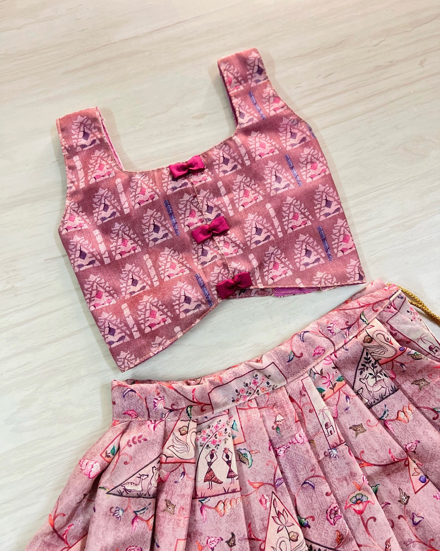 Wild Orchid Cute Bow Tie Up Top With Pichwai Print Skirt | The Silkberry