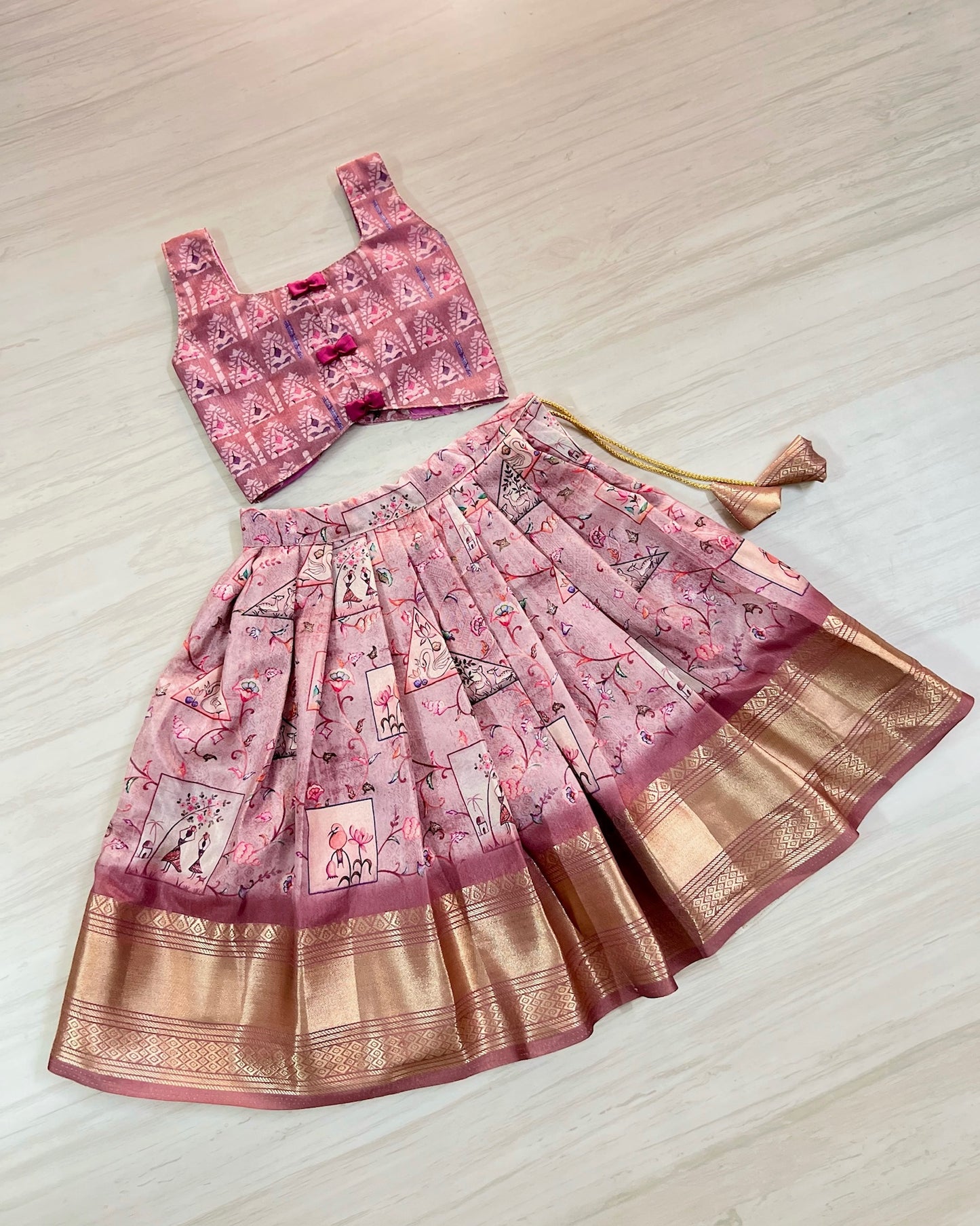 Wild Orchid Cute Bow Tie Up Top With Pichwai Print Skirt | The Silkberry