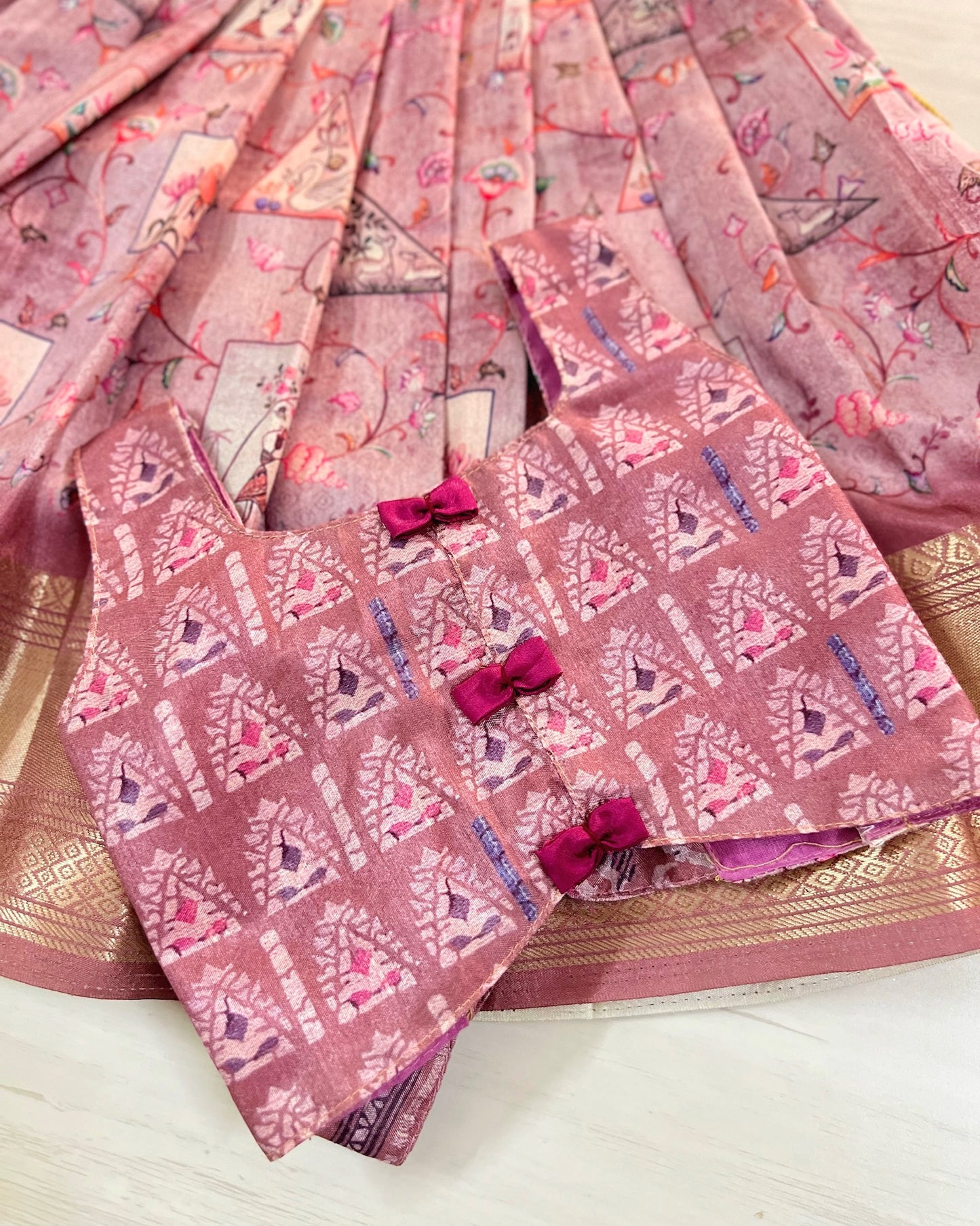 Wild Orchid Cute Bow Tie Up Top With Pichwai Print Skirt | The Silkberry