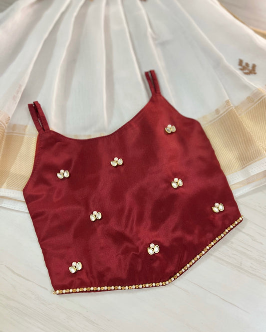 Burgundy Tulip Design Top With Pure Cotton Skirt Lehenga Set | The Silkberry