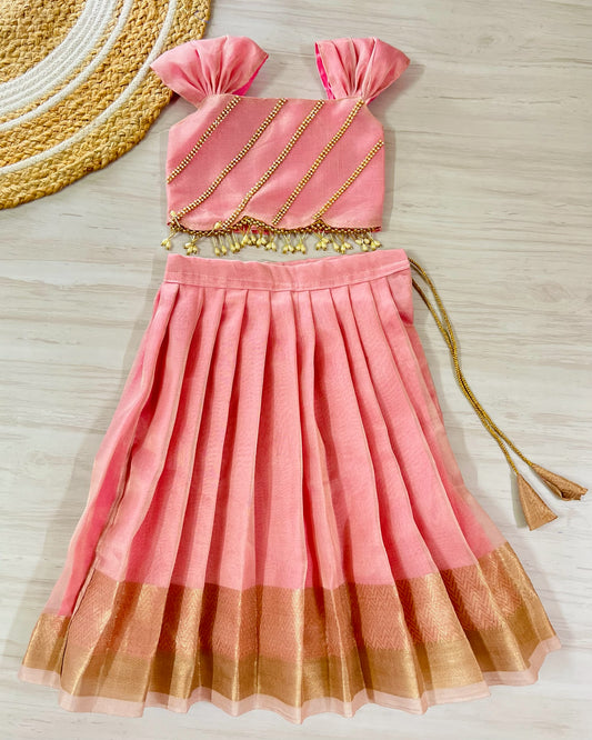 Baby pink pastel shade hanging pearls lehenga
