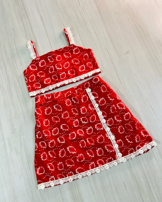 Crimson Shade Leafy Print Cotton Co-ord Top And Skirt
