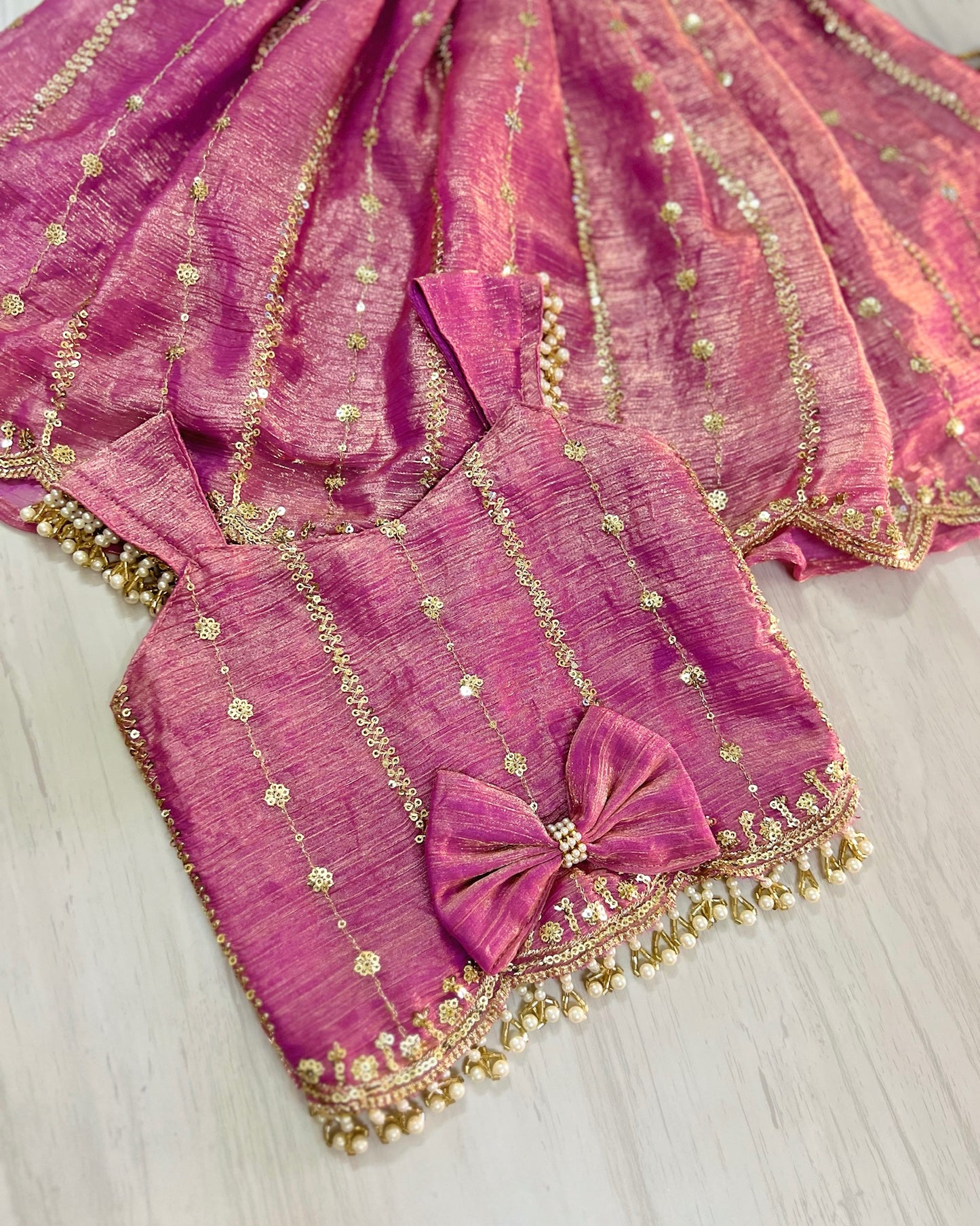 Rare Onion Pink Embroidered Pearl Embellished Lehenga Set