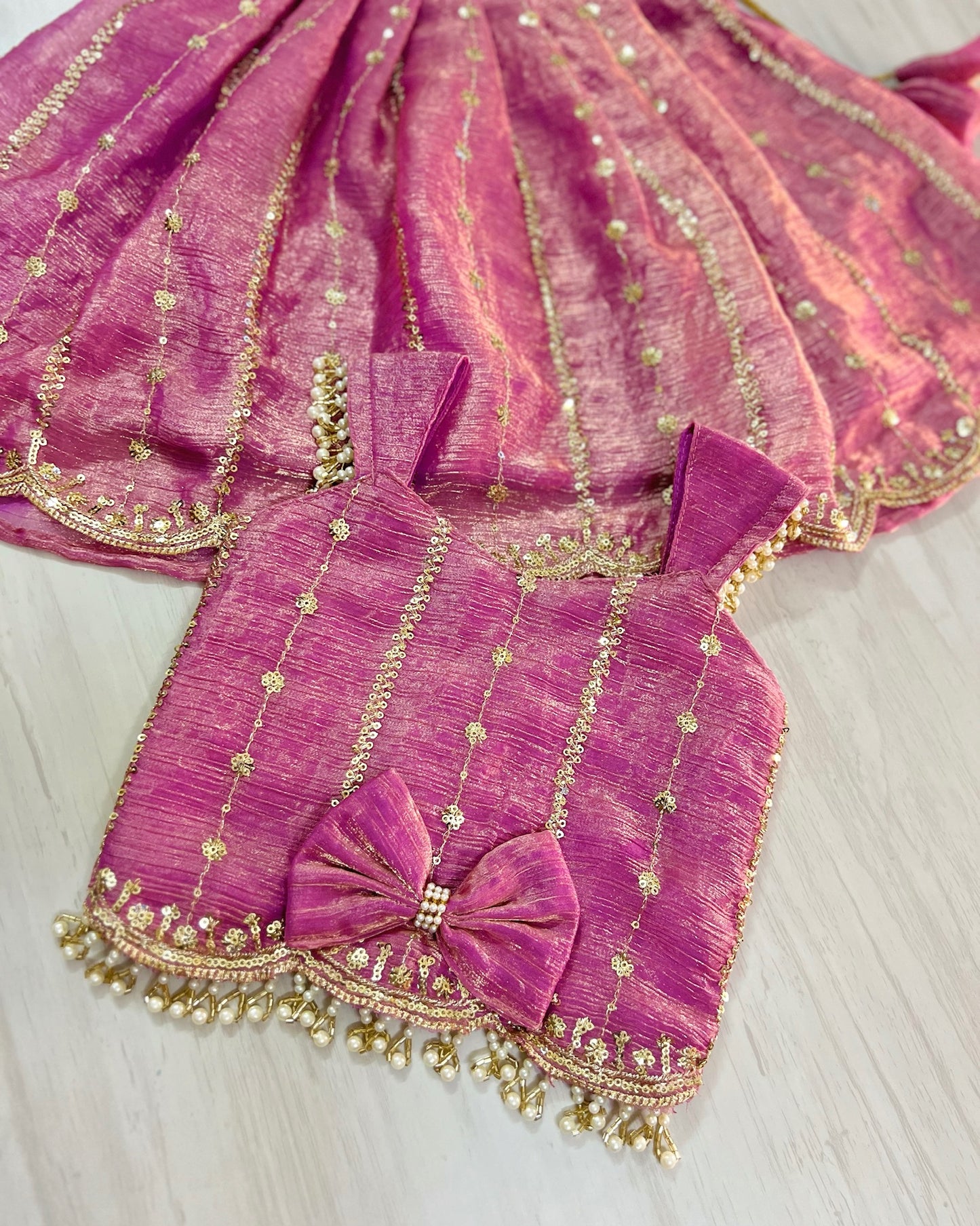 Rare Onion Pink Embroidered Pearl Embellished Lehenga Set