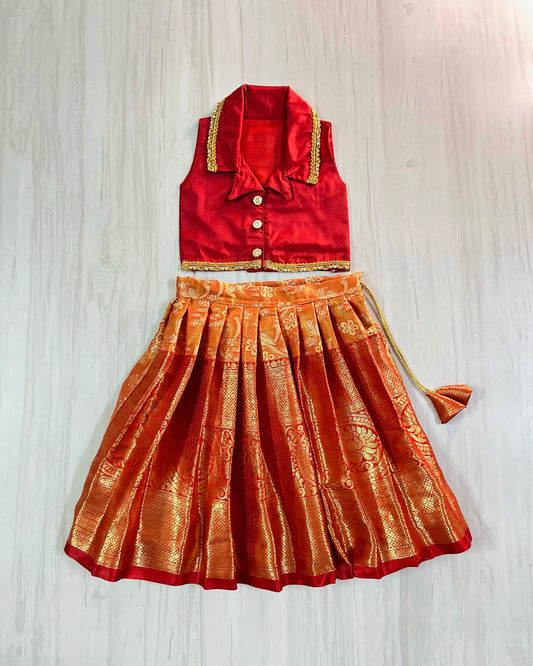 Vermillion Red Collar Top With Orange Skirt Lehenga Set