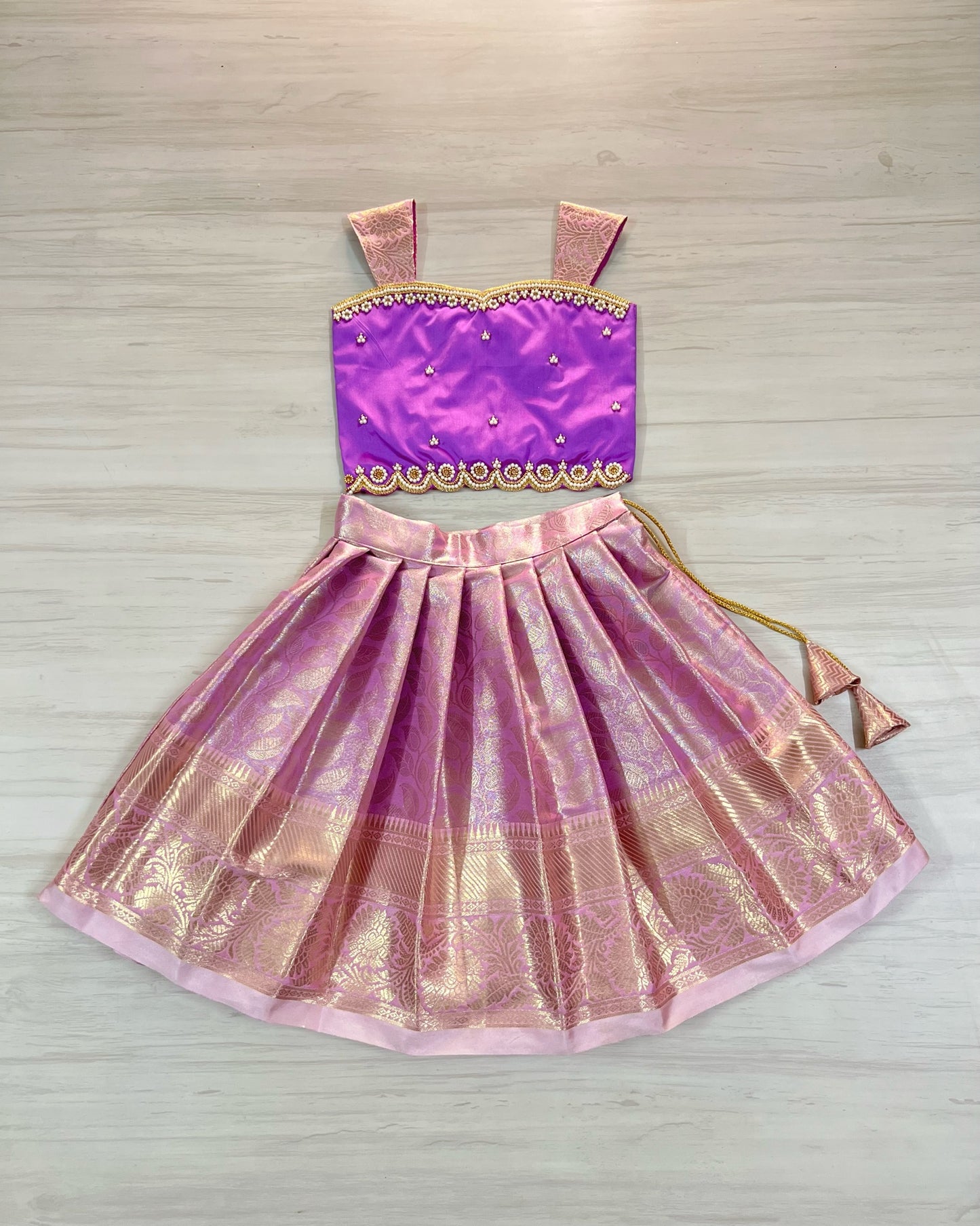 Fabulous Fuschia With Lavender Floral Aari Work Lehenga Set