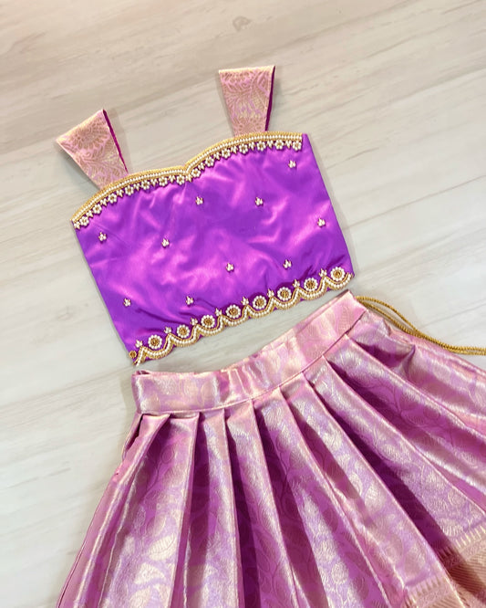 Fabulous Fuschia With Lavender Floral Aari Work Lehenga Set