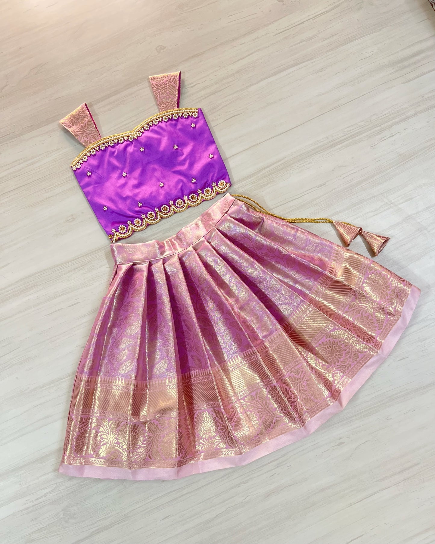Fabulous Fuschia With Lavender Floral Aari Work Lehenga Set