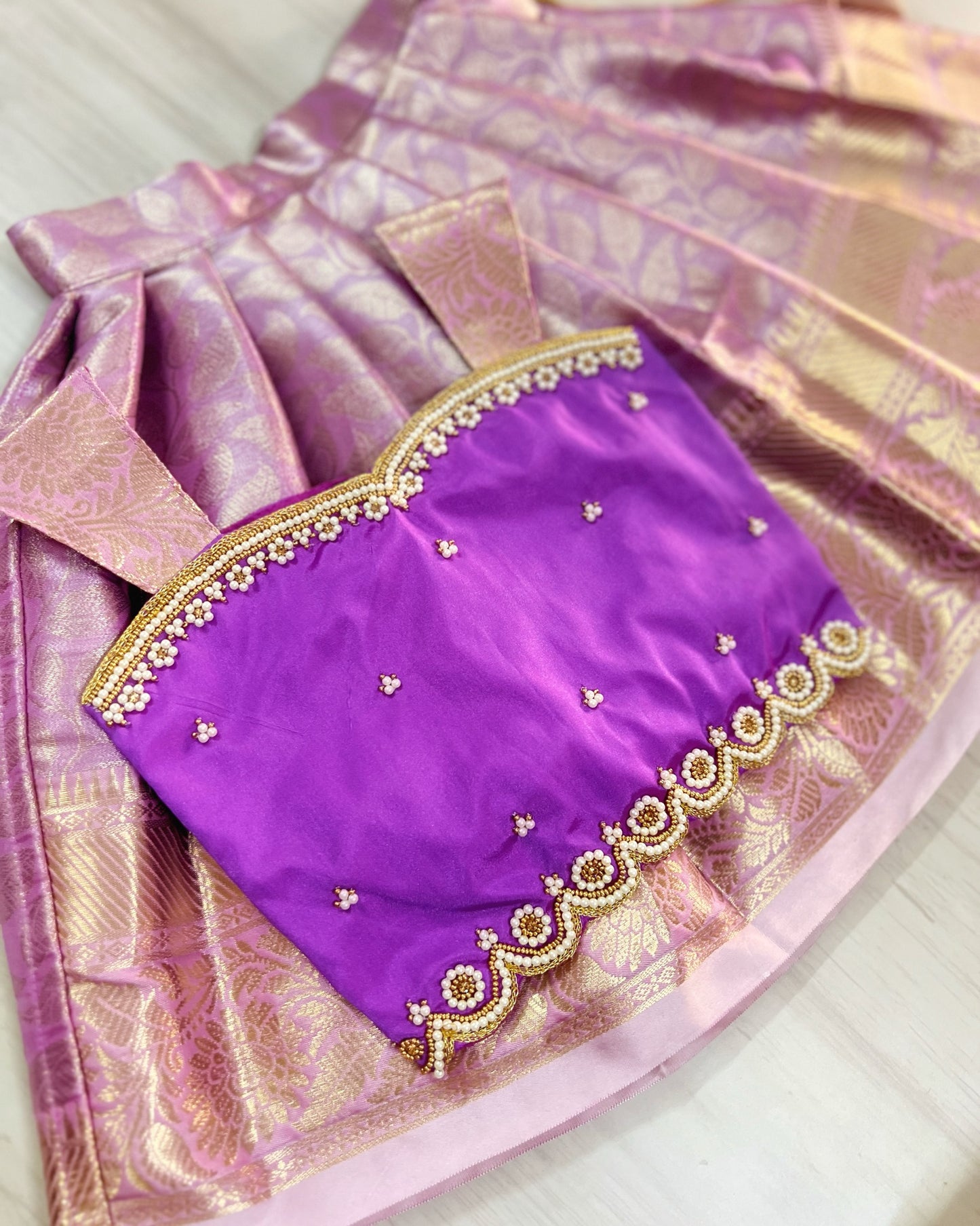Fabulous Fuschia With Lavender Floral Aari Work Lehenga Set